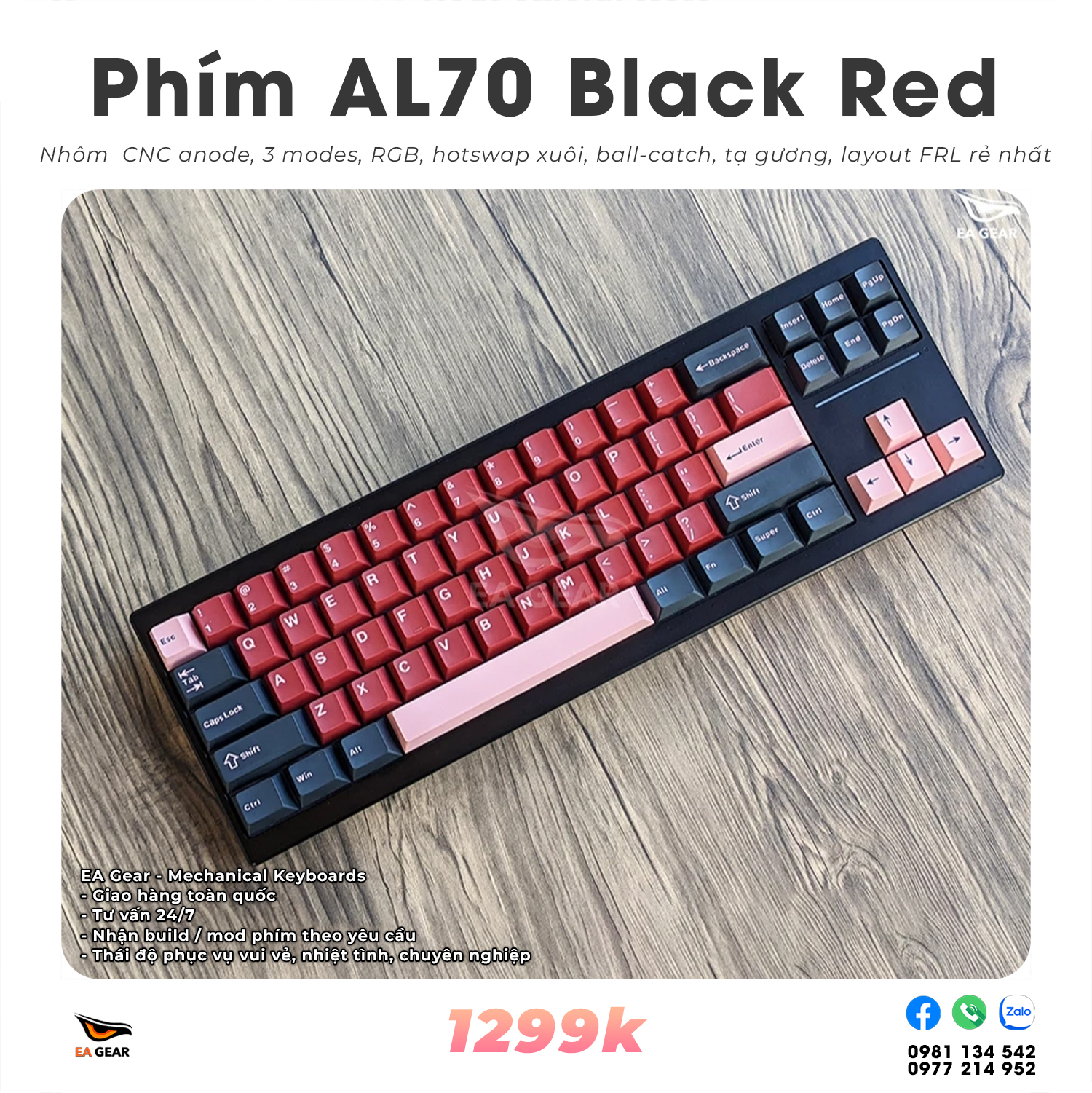 Bàn phím cơ AL70 Black Keycap Red Black Tạ Gương (layout FRL, ball catch, nhôm CNC, 3 modes)