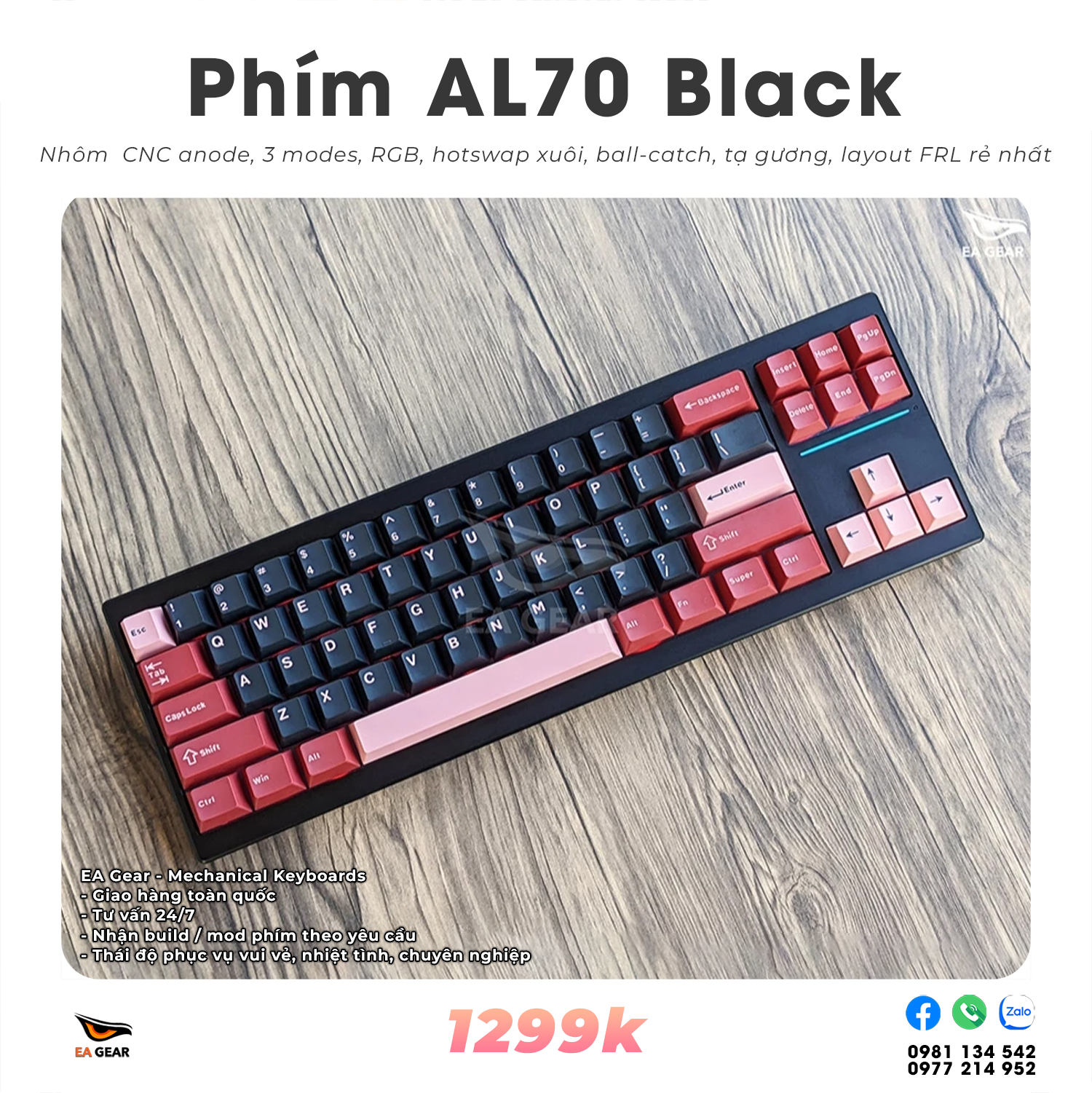 Bàn phím cơ AL70 Black Keycap Black Red Tạ Gương (layout FRL, ball catch, nhôm CNC, 3 modes)