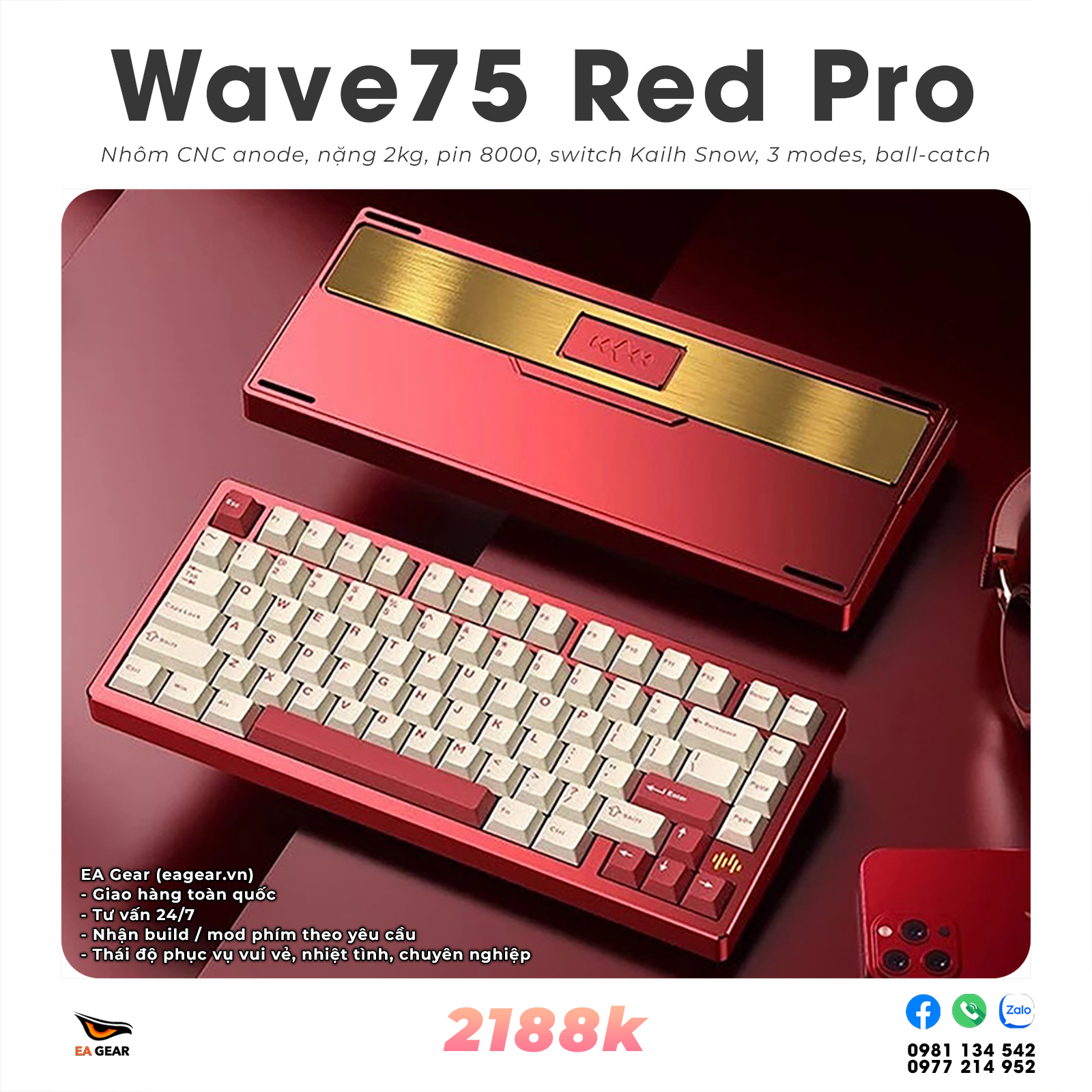Bàn Phím Cơ PMO Wave75 Pro Red (3 modes, ball catch, nhôm CNC, Via)