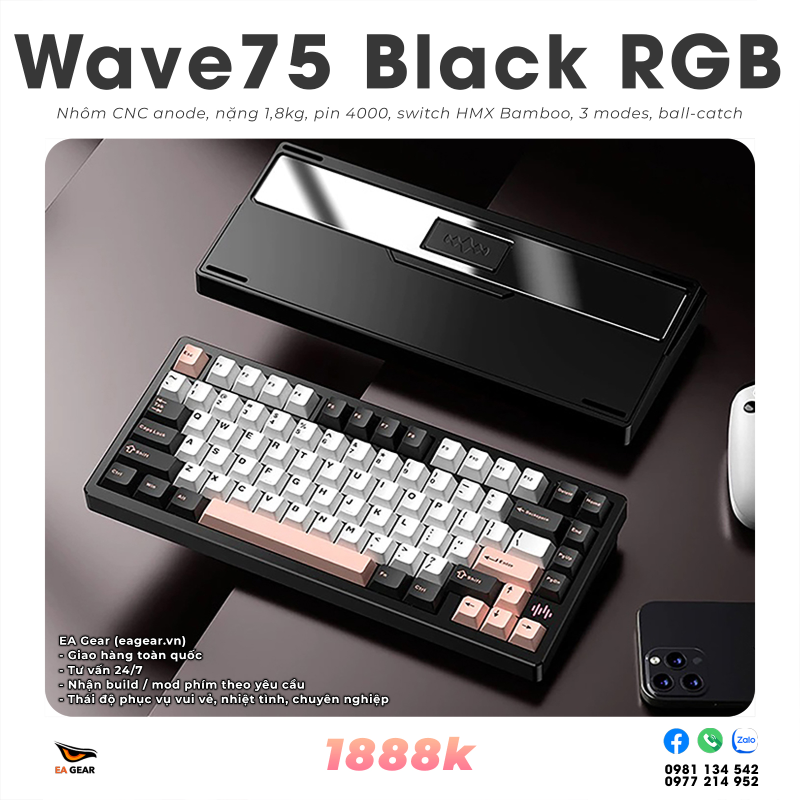 Bàn Phím Cơ PMO Wave75 Black RGB (3 modes, ball catch, nhôm CNC, Via)