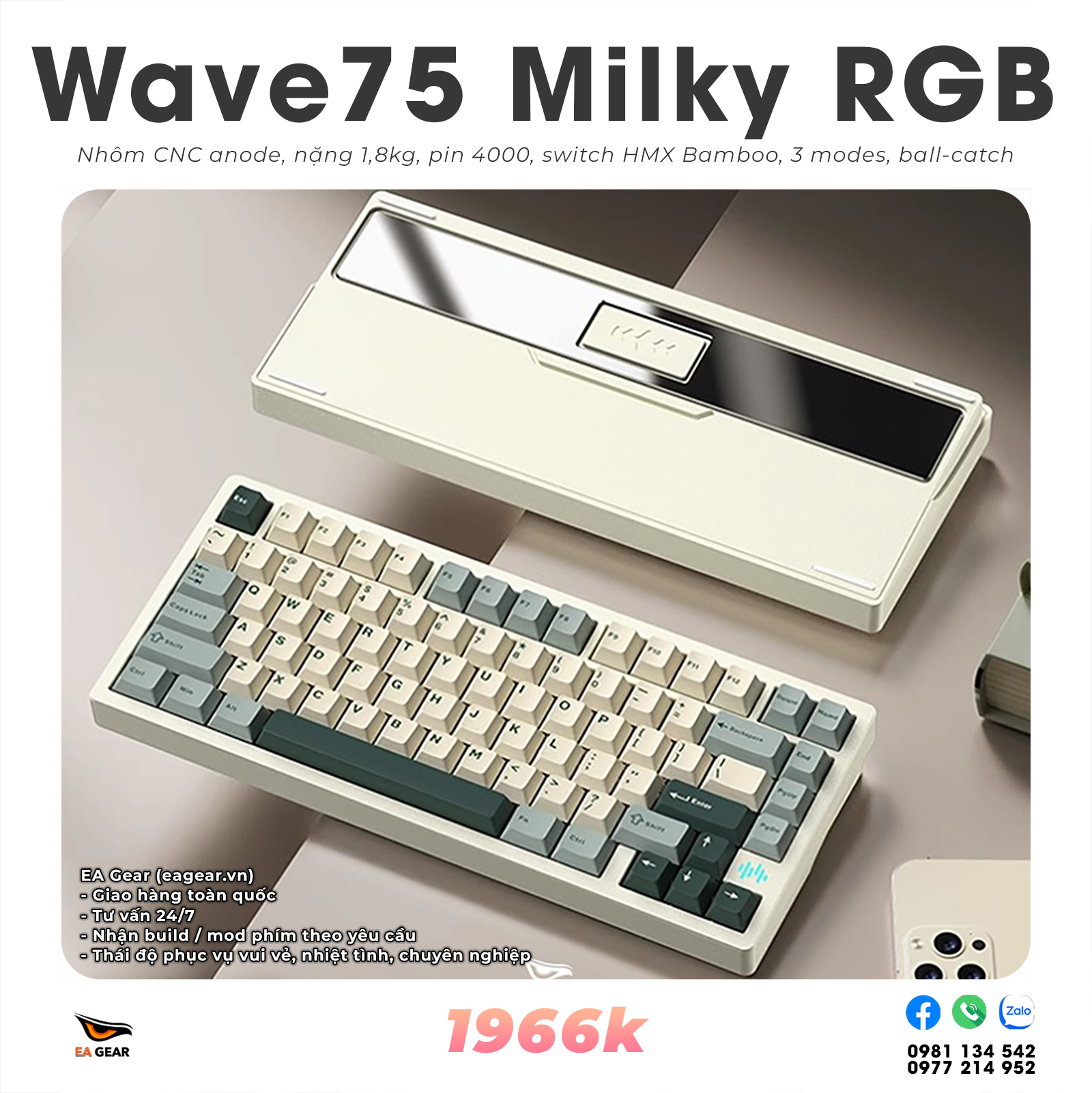 Bàn Phím Cơ PMO Wave75 Milky White RGB (3 modes, ball catch, nhôm CNC, Via)