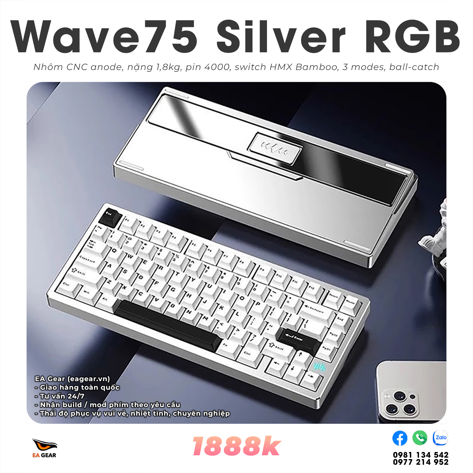 Bàn Phím Cơ PMO Wave75 Silver RGB (3 modes, ball catch, nhôm CNC, Via)
