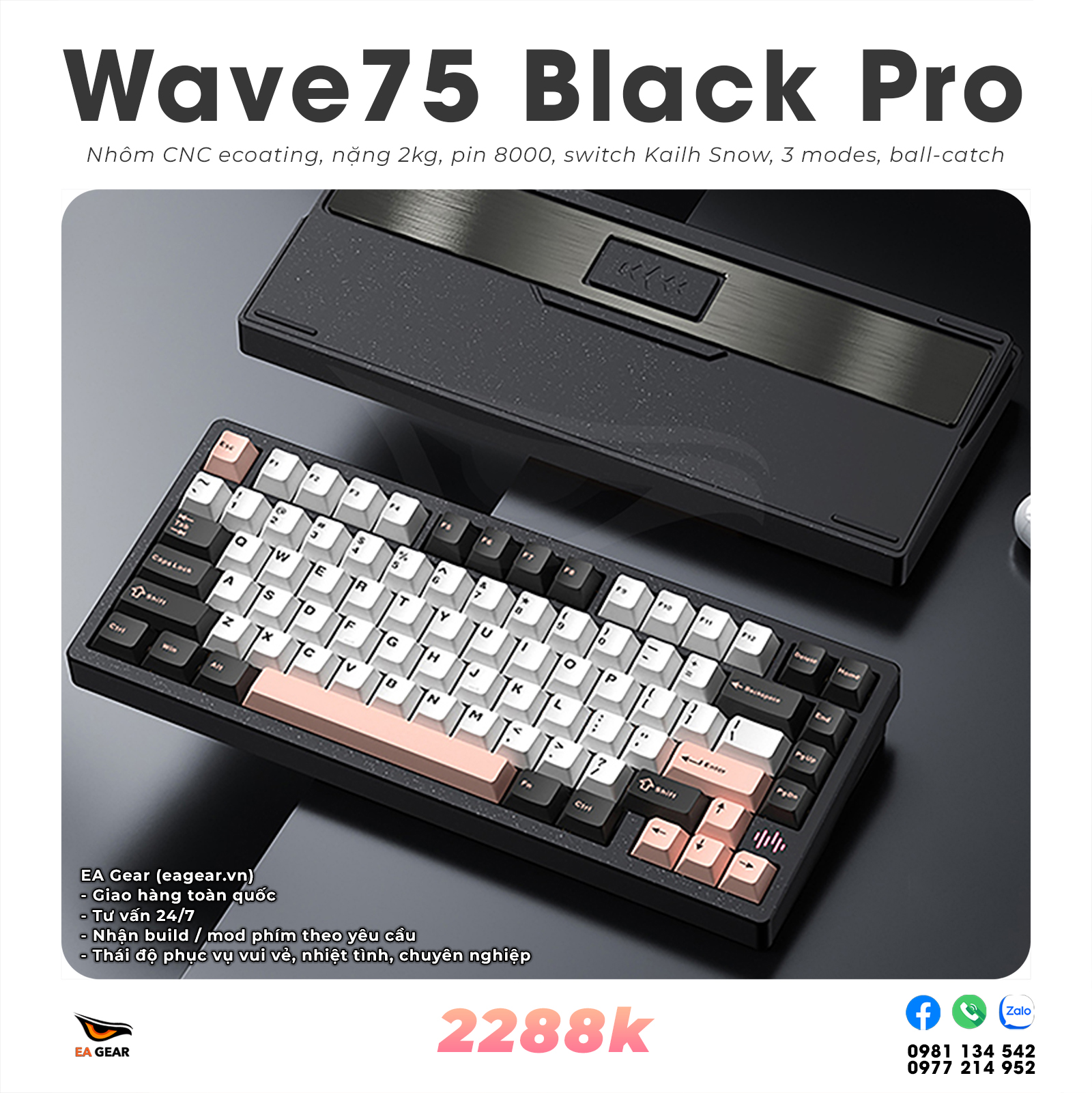 Bàn Phím Cơ PMO Wave75 Pro Black RGB (3 modes, ball catch, nhôm CNC, Via, tạ thép)