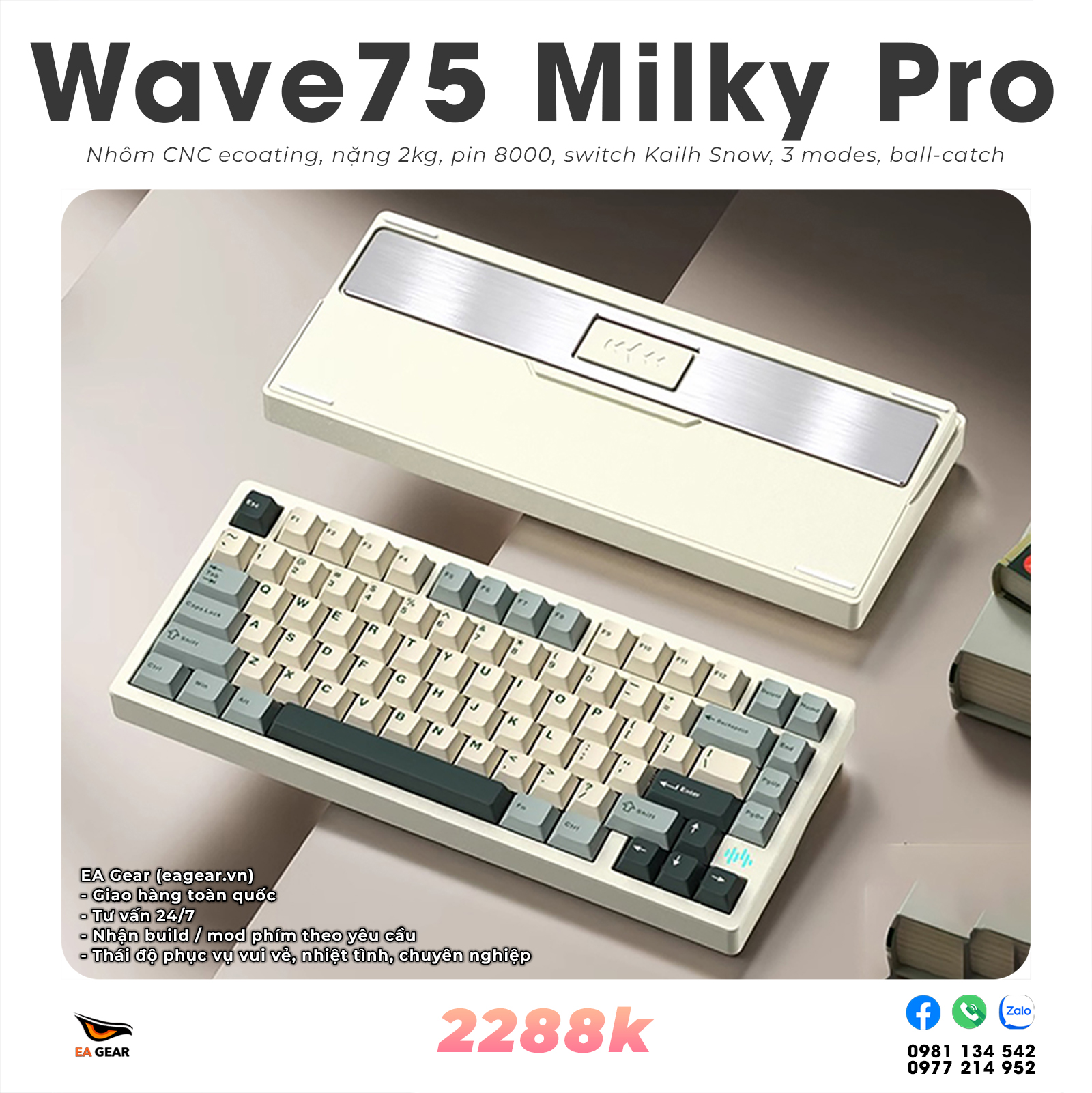 Bàn Phím Cơ PMO Wave75 Pro Milky White RGB (3 modes, ball catch, nhôm CNC, Via, tạ thép)