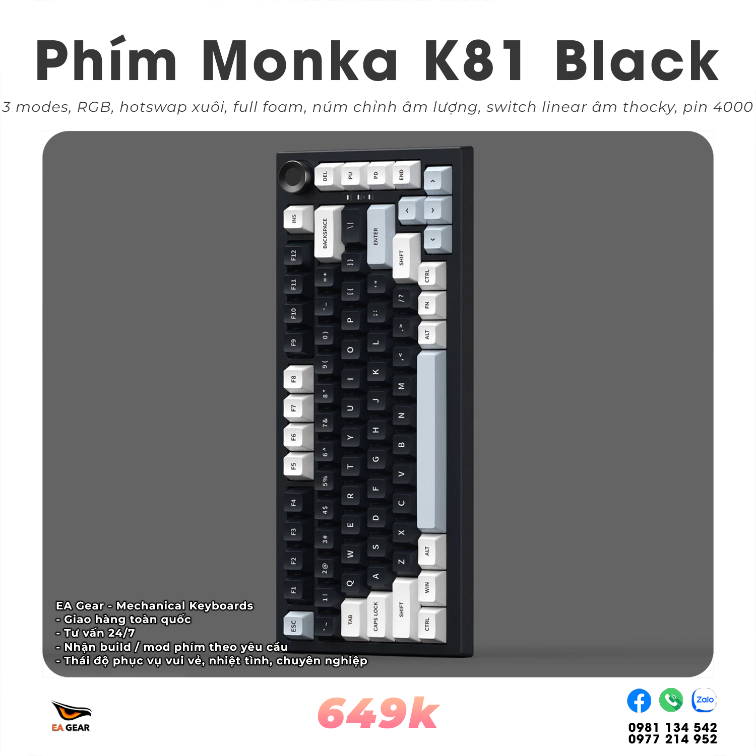 Bàn Phím Cơ Monka K81 Black (3 modes, núm xoay, hotswap xuôi, RGB)