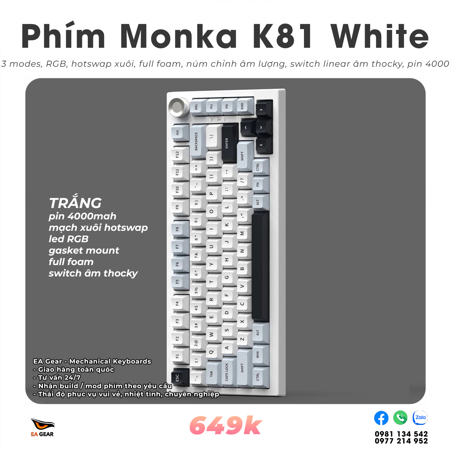 Bàn Phím Cơ Monka K81 White Glacier (3 modes, núm xoay, hotswap xuôi, RGB)