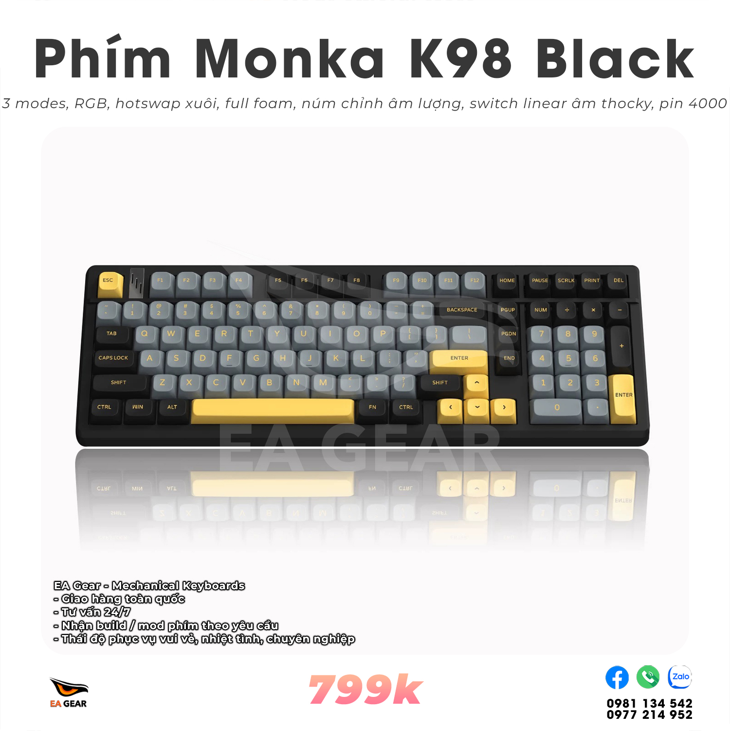 Bàn Phím Cơ Monka K98 Black Gold (fullsize, 3 modes, full foam, hotswap xuôi, pin 8000mah)