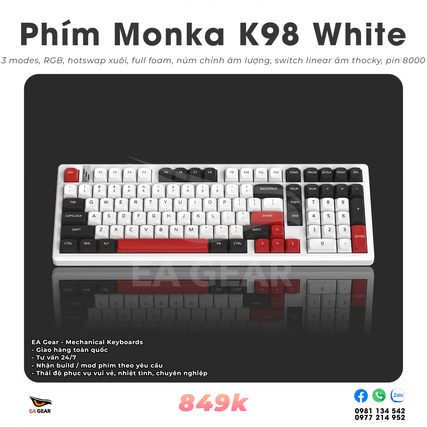 Bàn Phím Cơ Monka K98 White Red (fullsize, 3 modes, full foam, hotswap xuôi, pin 8000mah)
