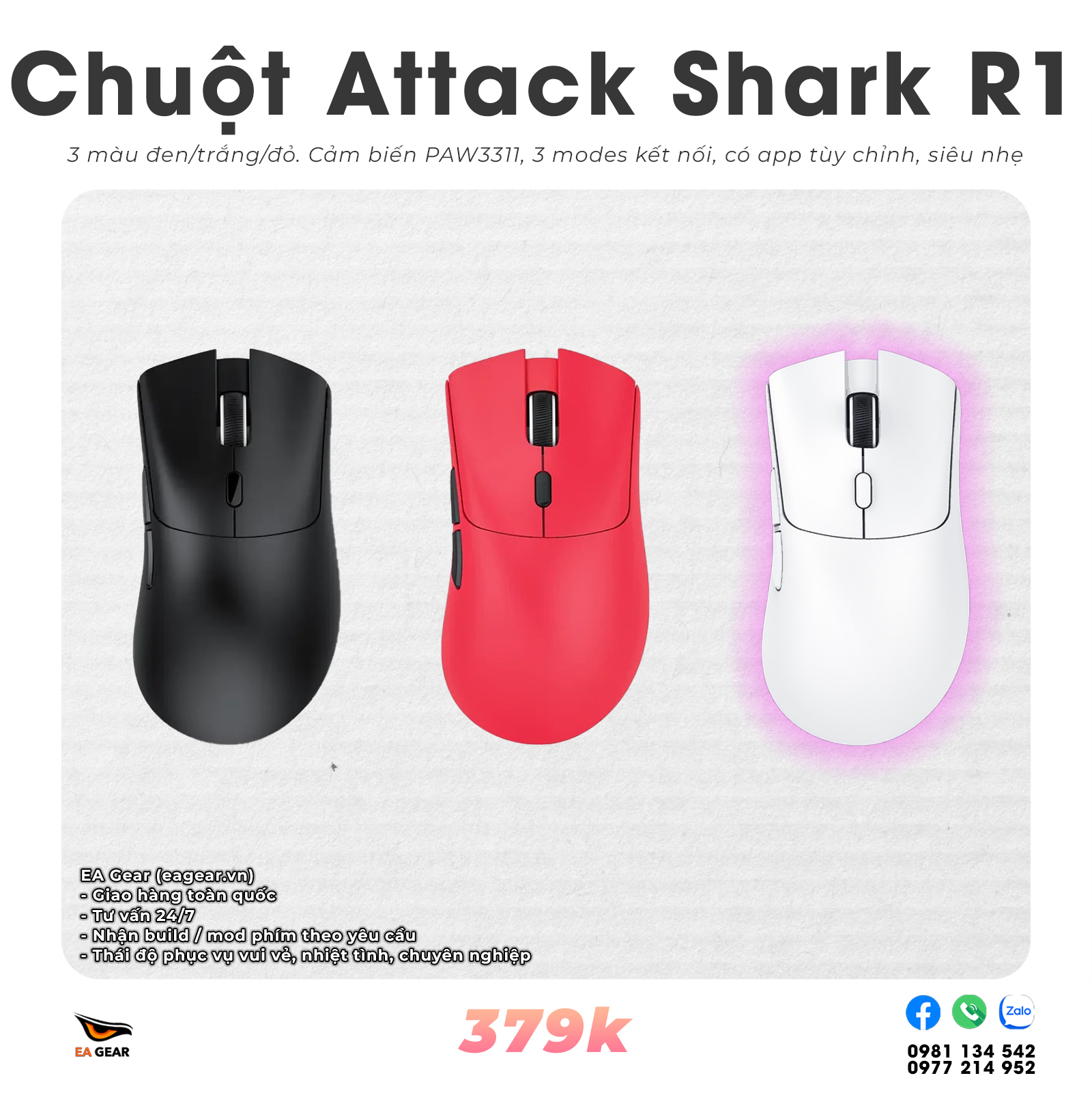 Chuột Gaming Attack Shark R1 (siêu nhẹ, mắt đọc Paw3311, 3 modes)