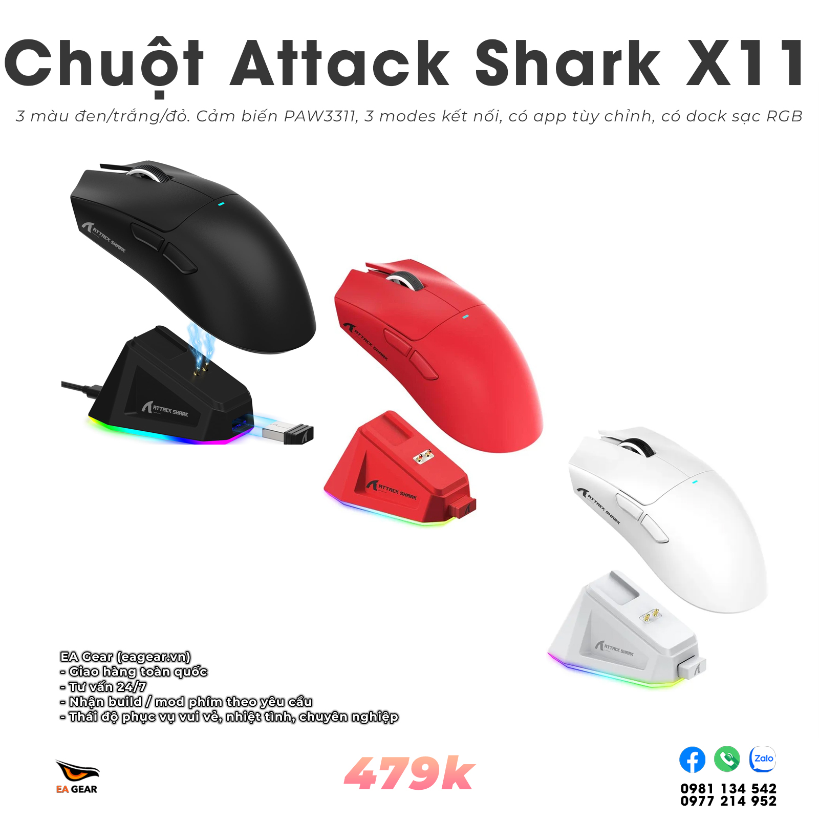 Chuột Gaming Attack Shark X11 (cảm biến PAW3311, pollingrate 1000hz, có dock sạc)
