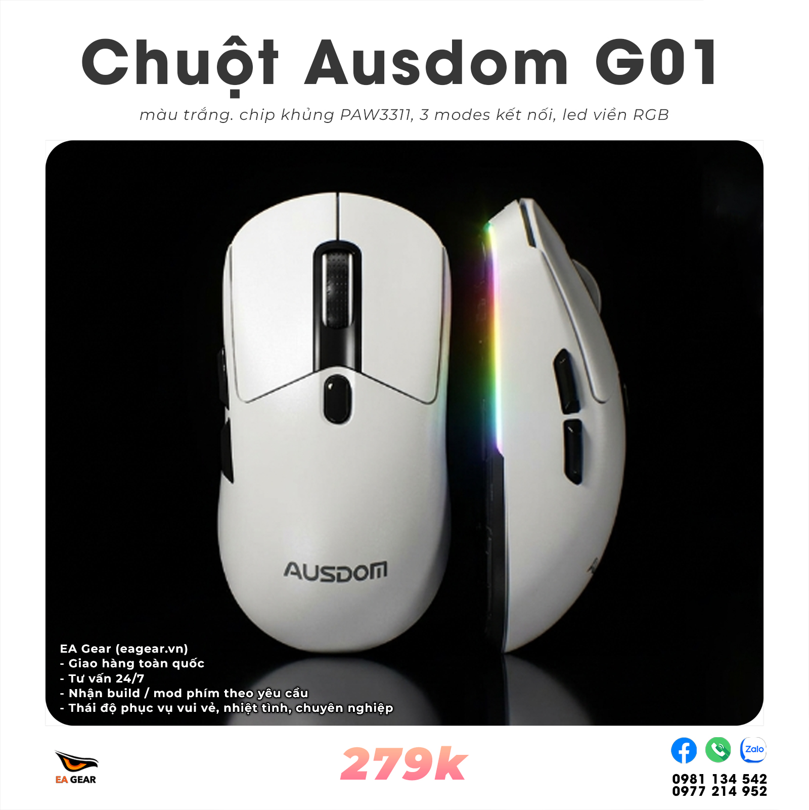 Chuột Gaming AUSDOM G01 (led RGB, mắt đọc Paw3311, 3 modes)