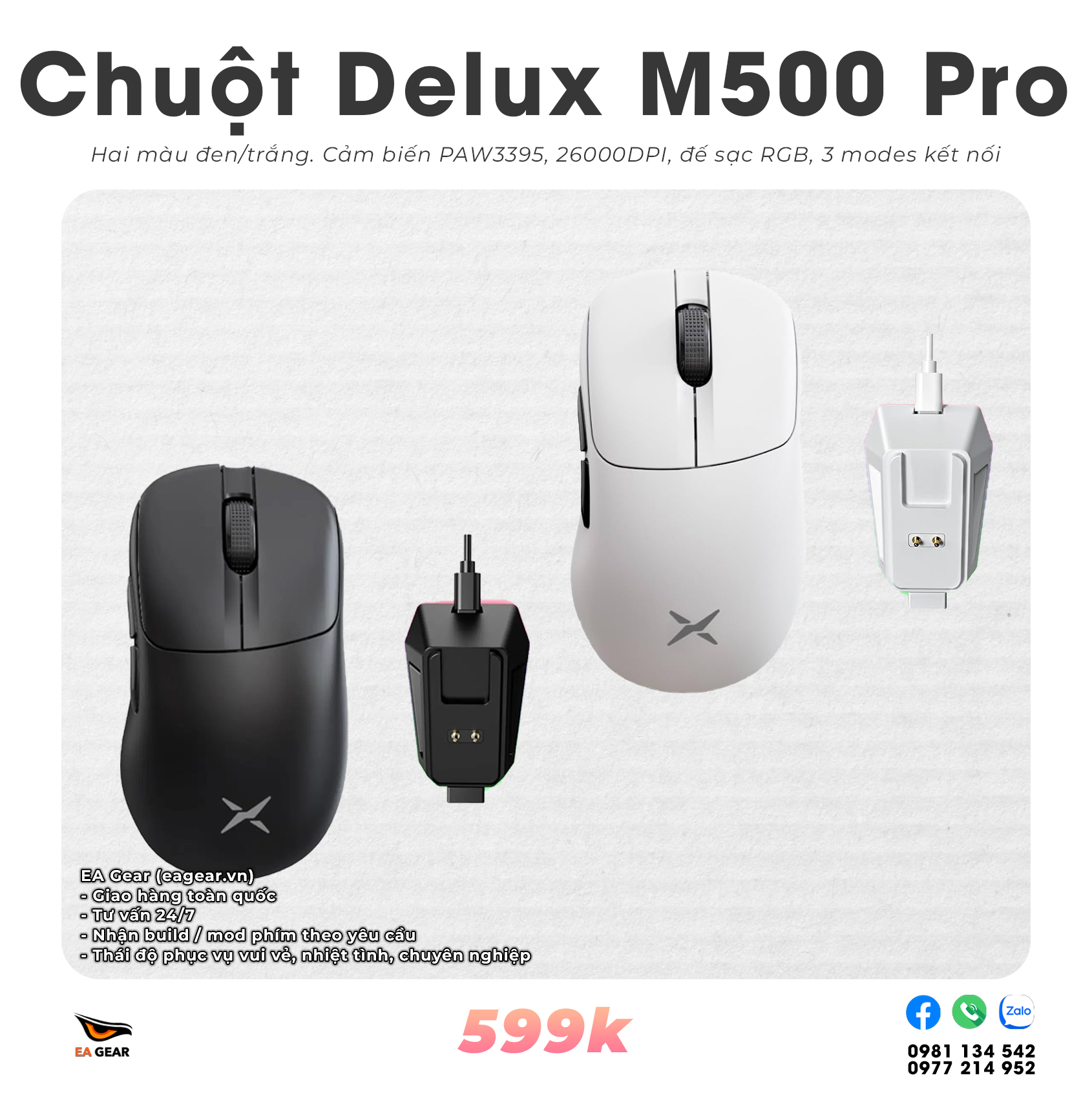 Chuột Gaming Delux M500 Pro (Paw3395, dock sạc, 3 modes)
