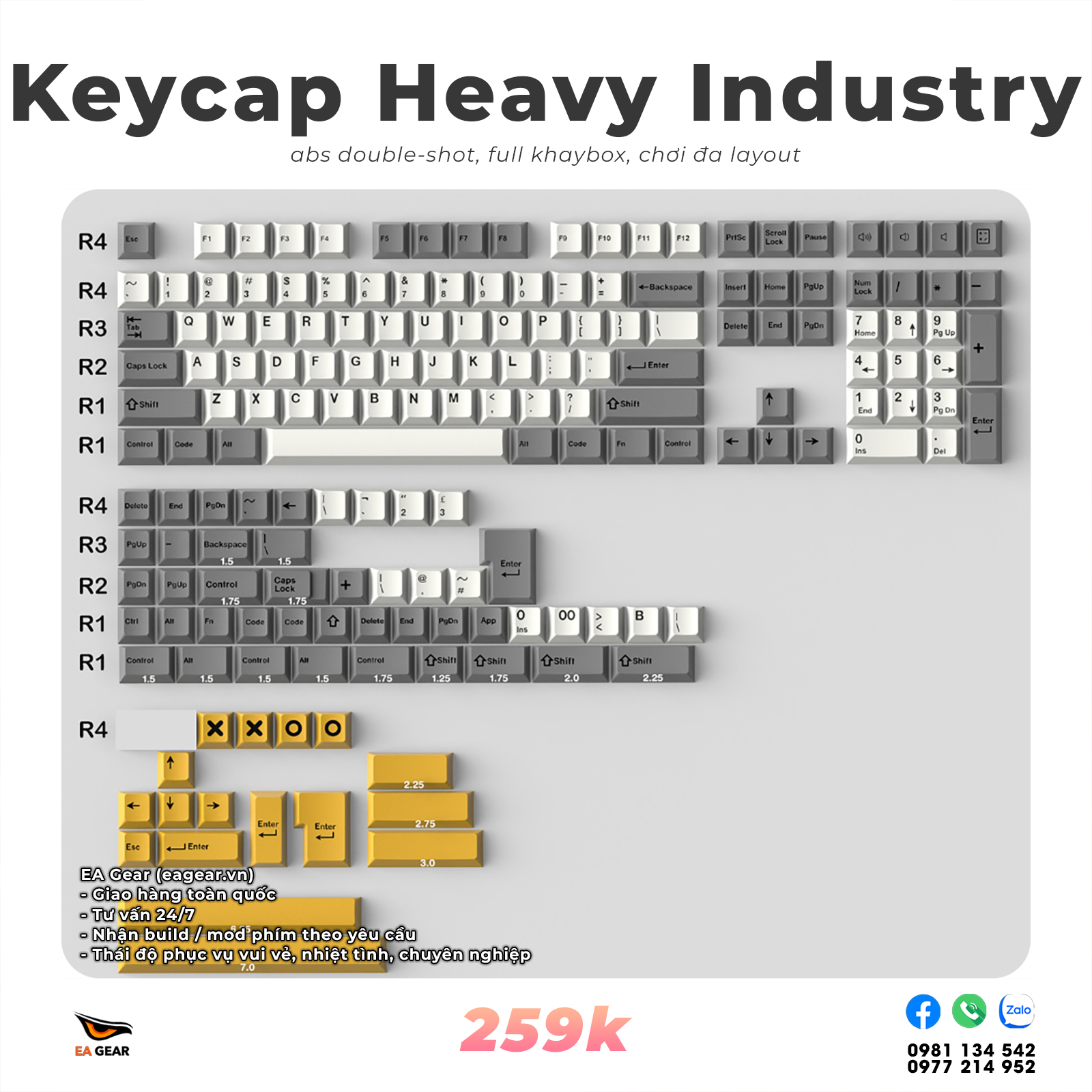 KeycapCherry ABS Double-shot CMK Aifei XOXO Heavy Industry (abs double-shot, Cherry profile, chơi đa layout, full khay box)