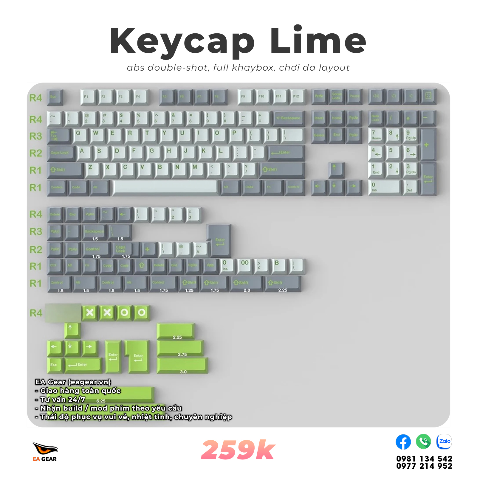 KeycapCherry ABS Double-shot CMK Aifei XOXO Lime (abs double-shot, Cherry profile, chơi đa layout, full khay box)