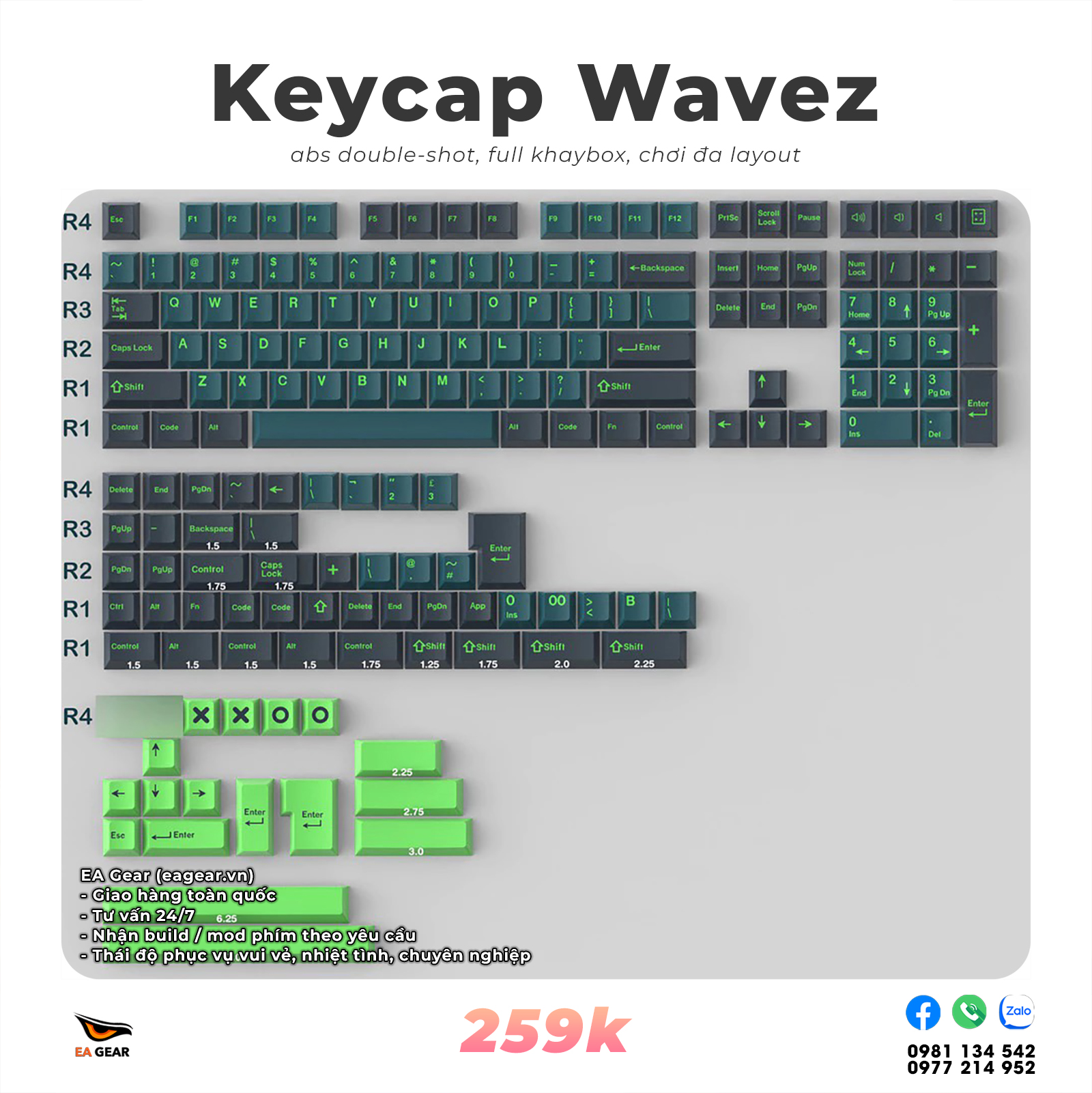 Keycap Cherry ABS Double-shot CMK Aifei XOXO Wavez (abs double-shot, Cherry profile, chơi đa layout, full khay box)