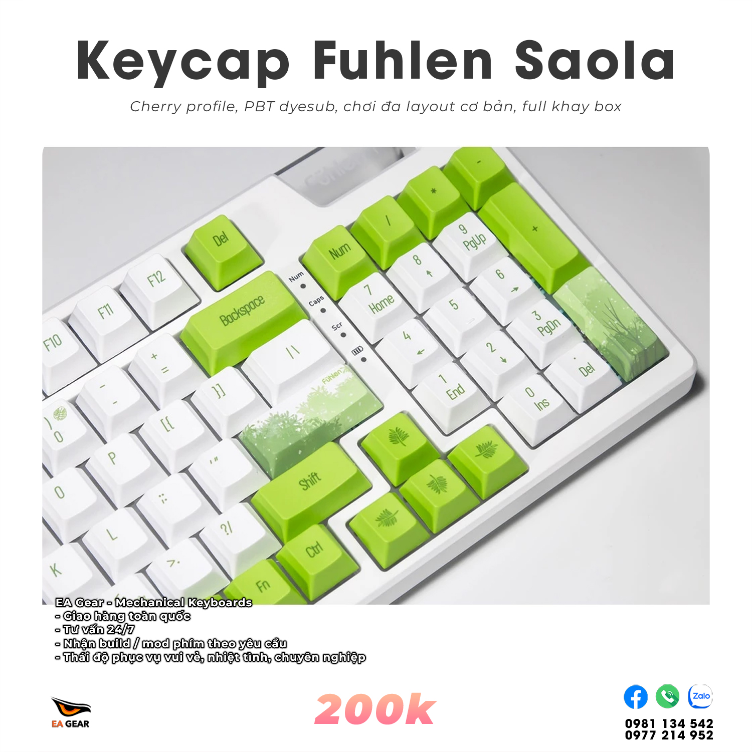 Bộ Keycap Fuhlen Saola (nhựa pbt dyesub, chơi đa layout có 7u, full khay box)