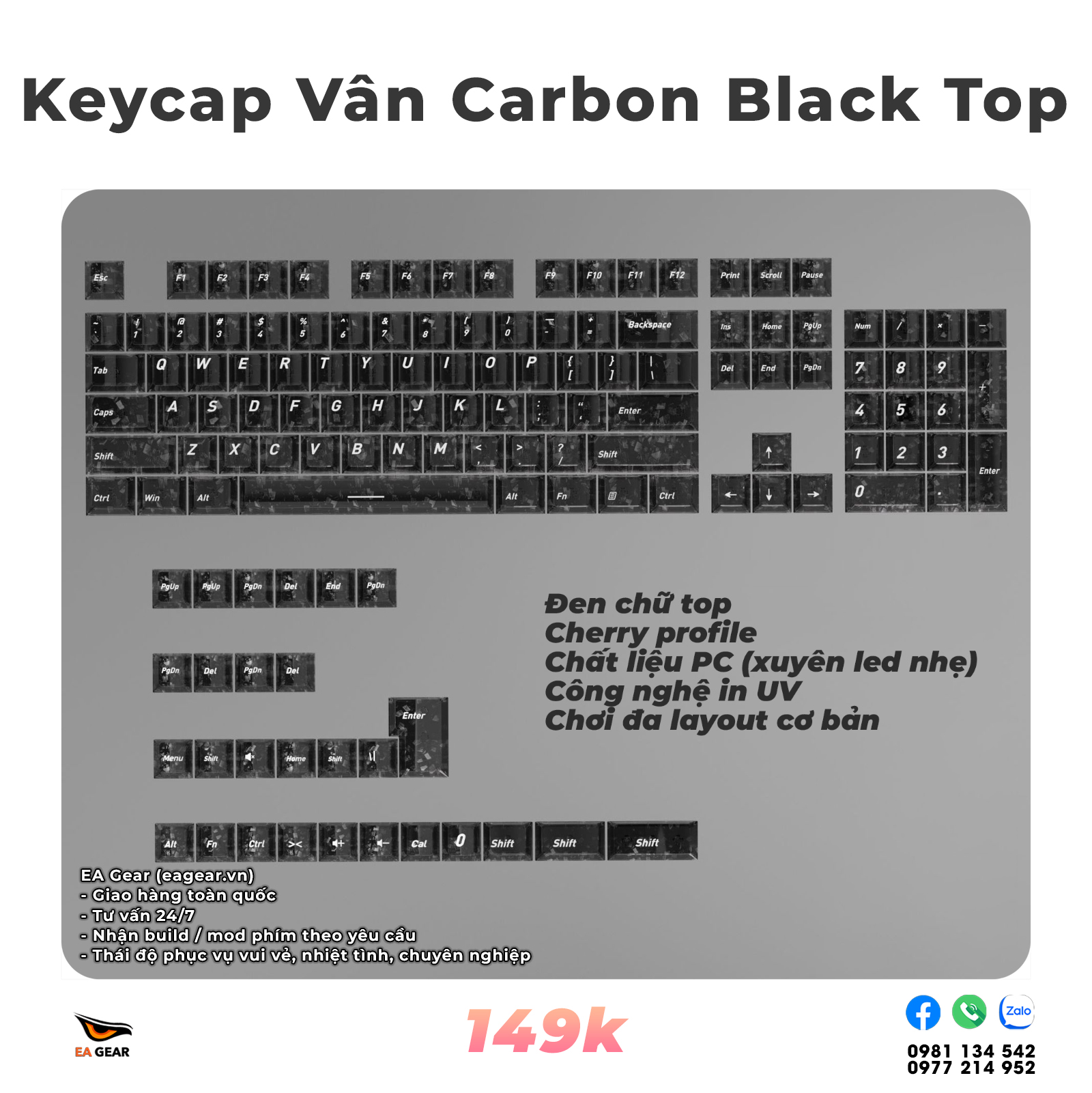 Keycap Carbon Fiber Black Top Print – Cherry Profile, PC, UV Print
