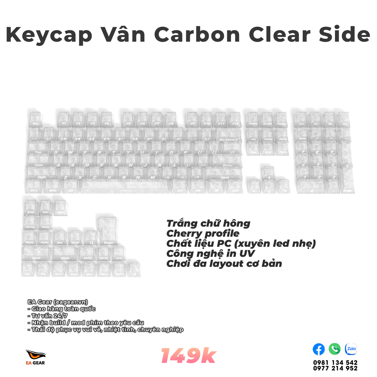 Keycap Carbon Fiber Clear White Side Print – Cherry Profile, PC, UV Print