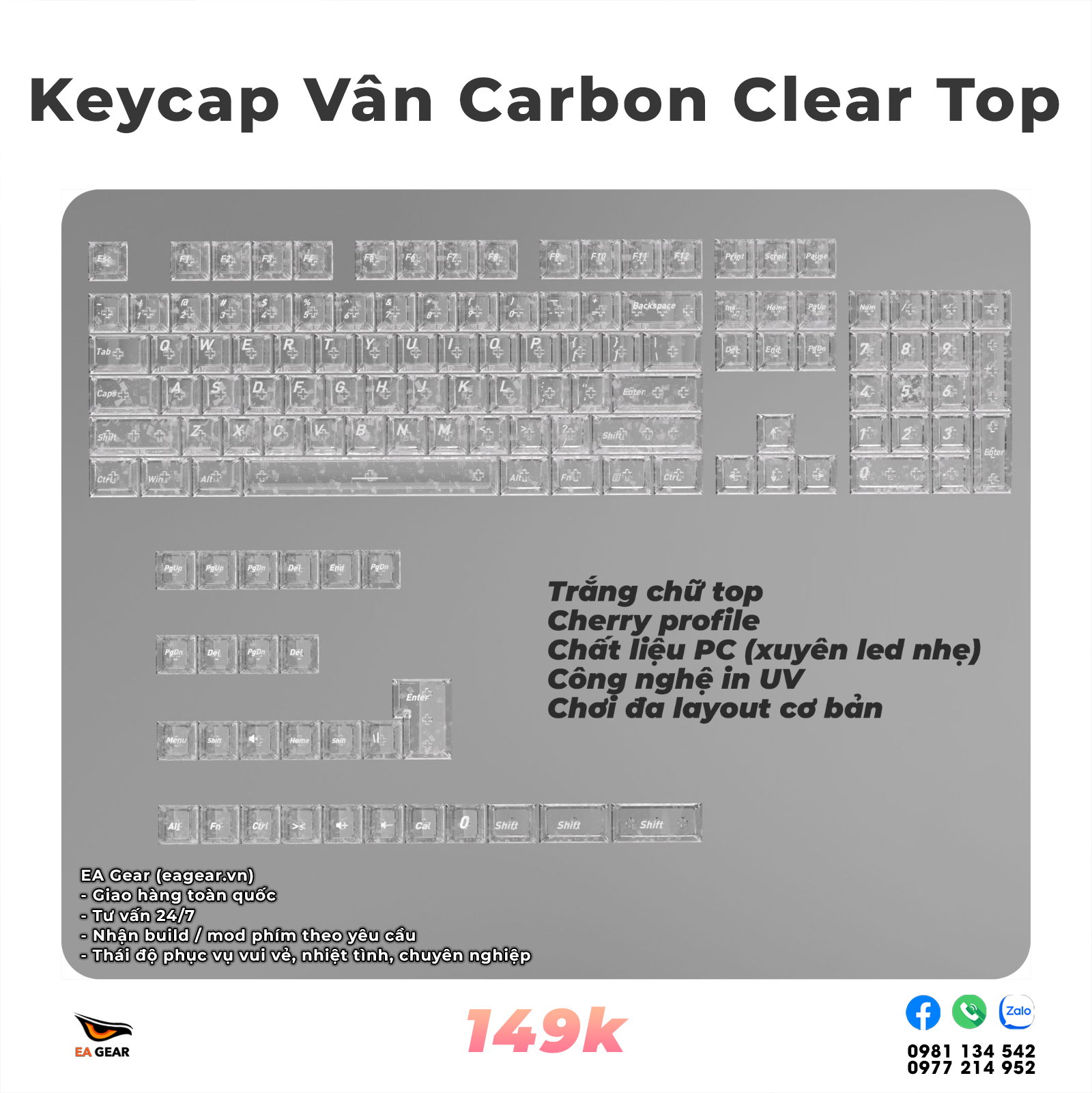 Keycap Carbon Fiber Clear White Top Print – Cherry Profile, PC, UV Print