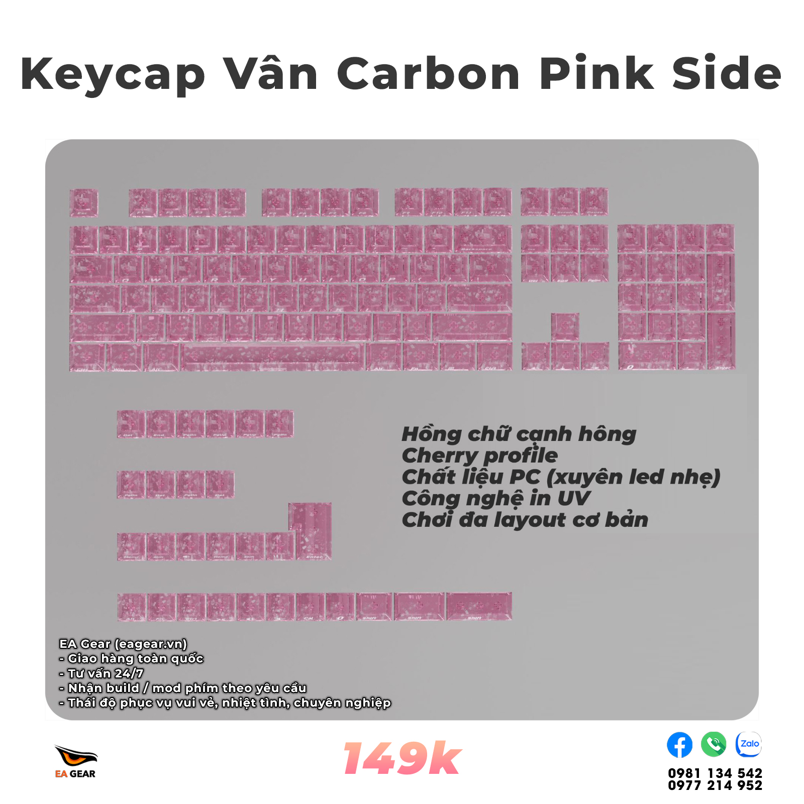 Keycap Carbon Fiber Clear Pink Side Print – Cherry Profile, PC, UV Print