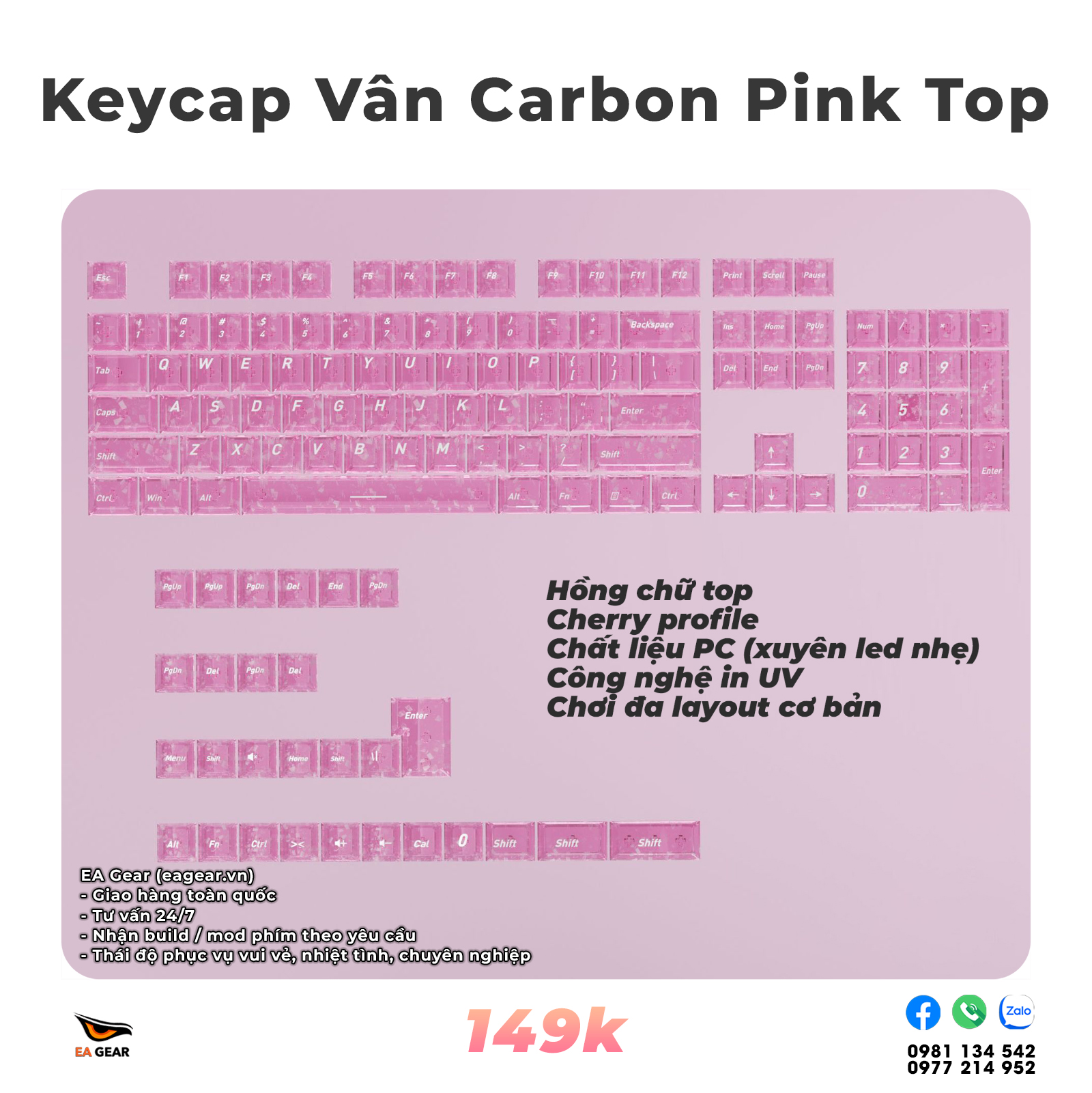 Keycap Carbon Fiber Clear Pink Top Print – Cherry Profile, PC, UV Print