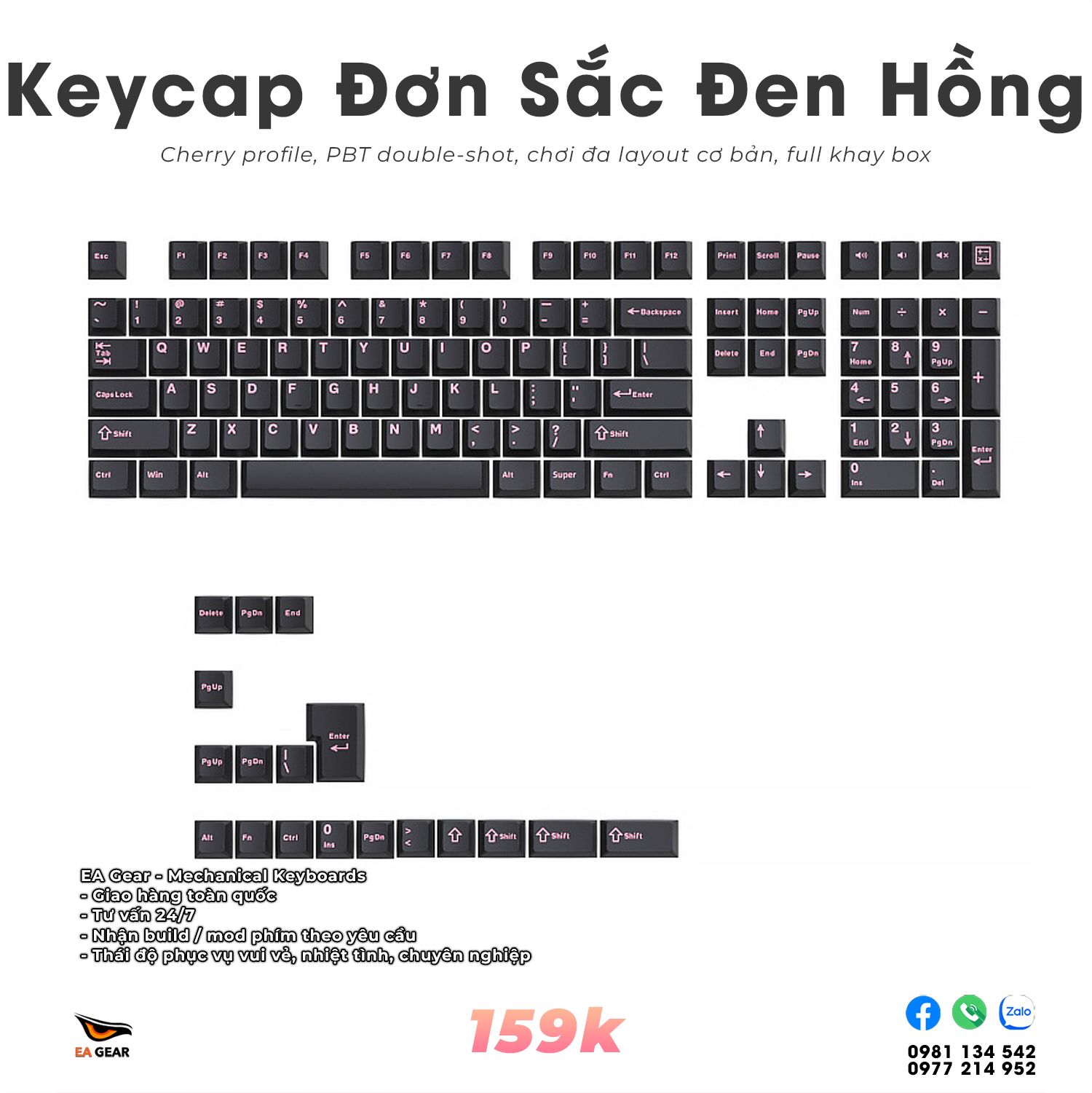 Keycap Đơn Sắc Đen Chữ Hồng (pbt double-shot, Cherry profile, full khay box, chơi đa layout)