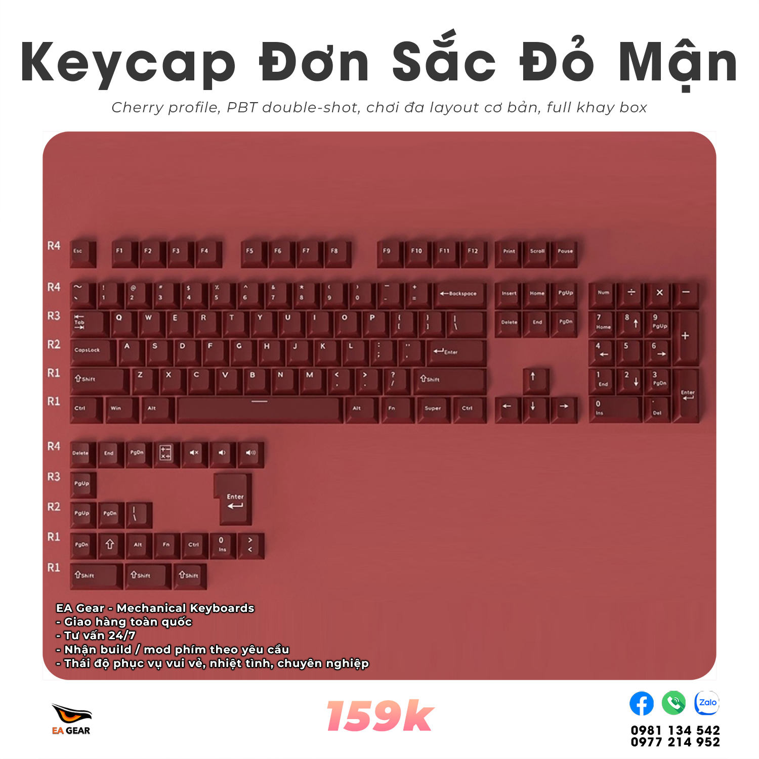 Keycap Đơn Sắc Đỏ Đô (pbt double-shot, Cherry profile, full khay box, chơi đa layout)