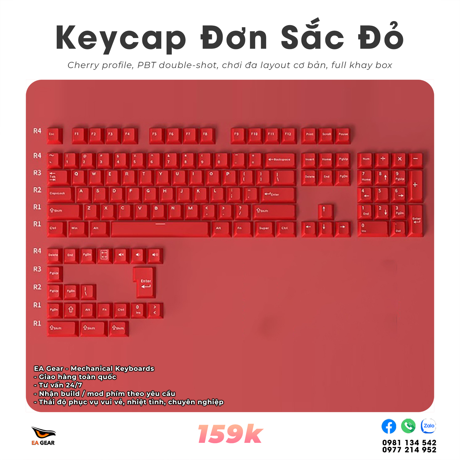 Keycap Đơn Sắc Đỏ Tươi (pbt double-shot, Cherry profile, full khay box, chơi đa layout)