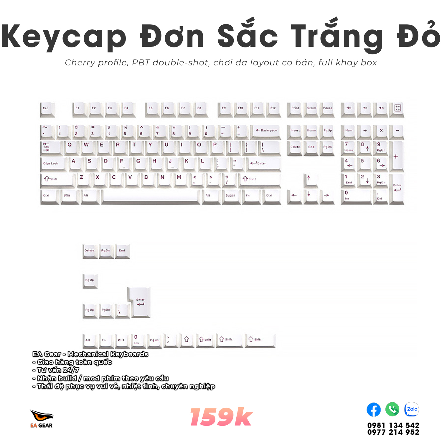 Keycap Đơn Sắc Trắng Chữ Đỏ (pbt double-shot, Cherry profile, full khay box, chơi đa layout)