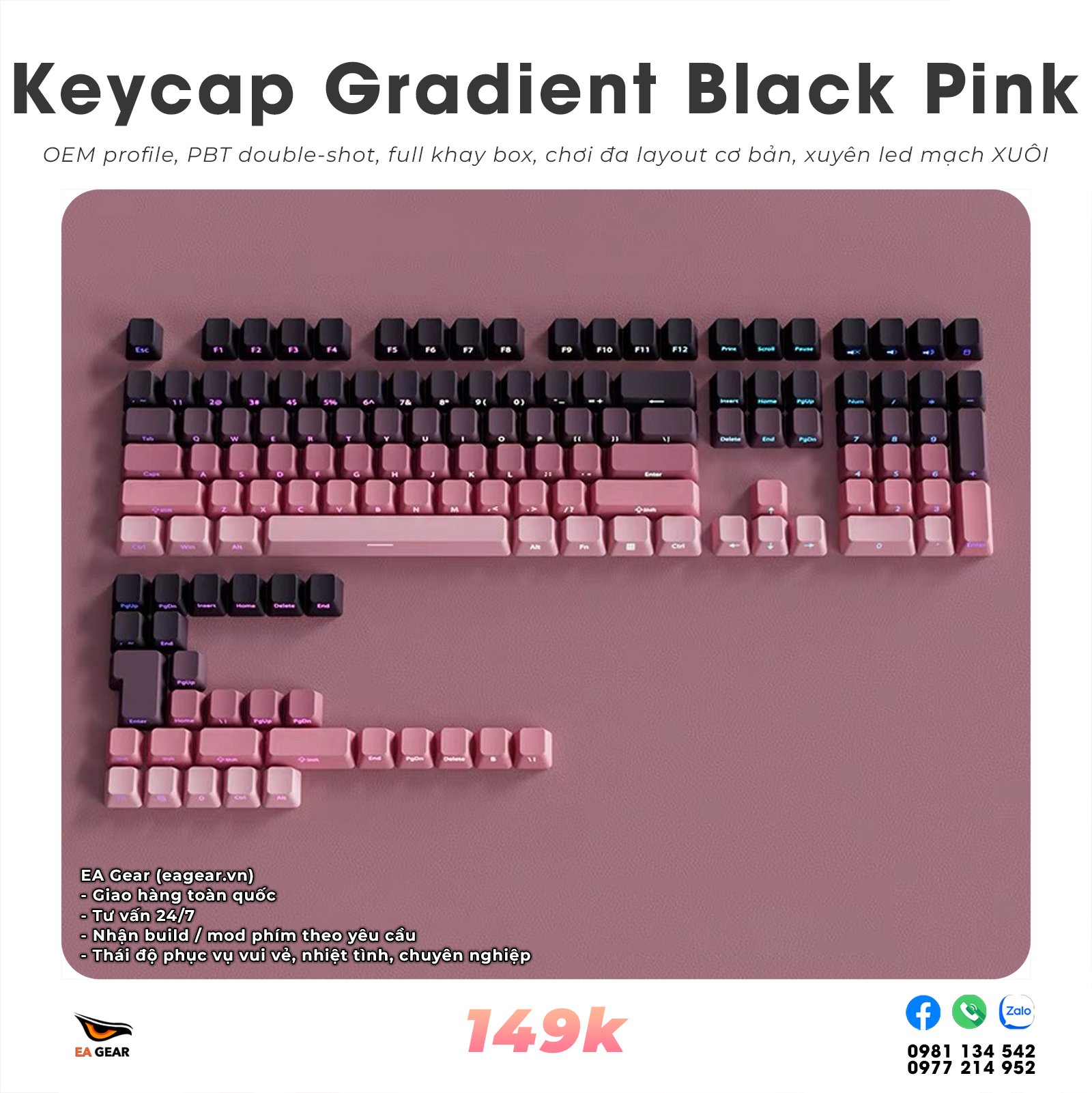 Keycap OEM Gradient Black Pink (OEM profile, pbt double-shot, full khay box chơi đa layout)