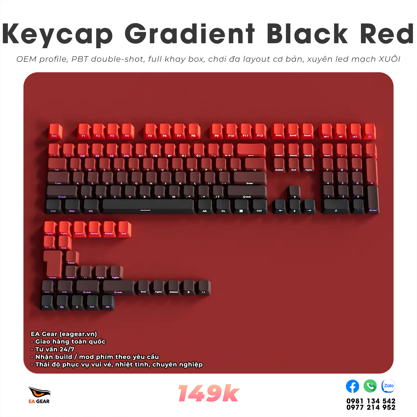 Keycap OEM Gradient Black Red (OEM profile, pbt double-shot, full khay box chơi đa layout)