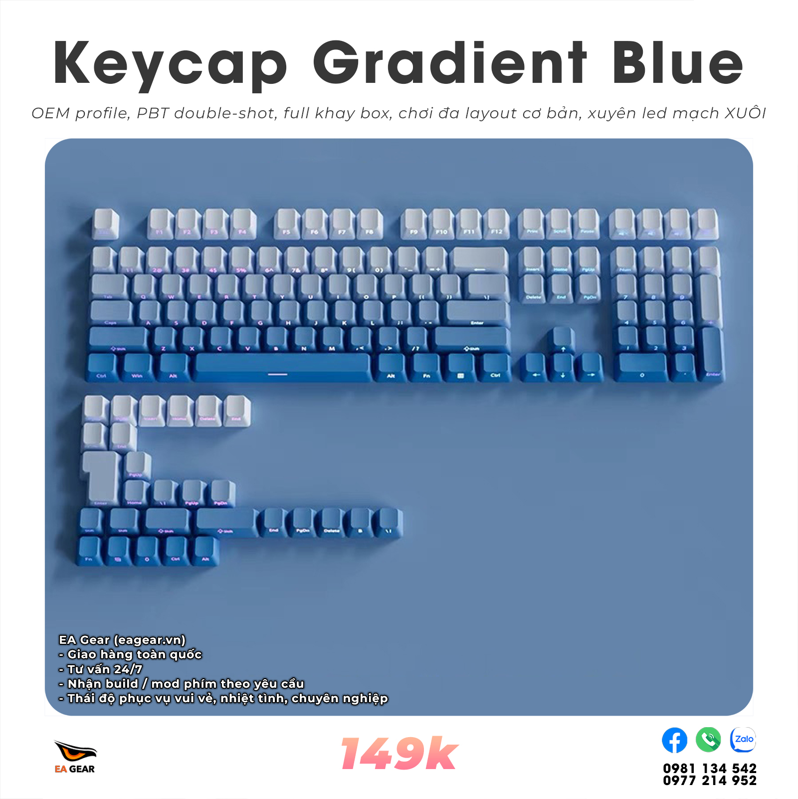Keycap OEM Gradient Blue (OEM profile, pbt double-shot, full khay box chơi đa layout)