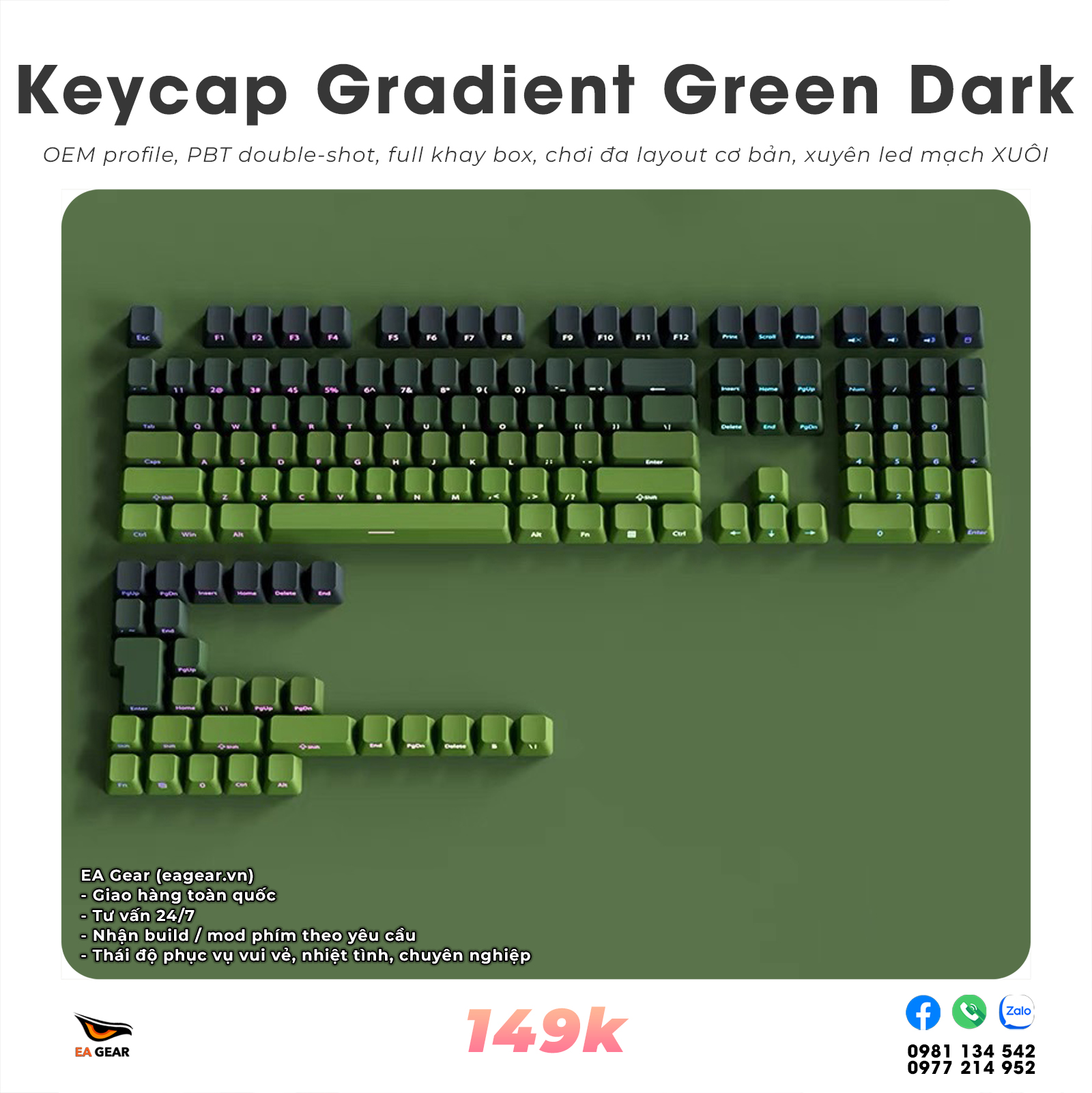 Keycap OEM Gradient Green Black (OEM profile, pbt double-shot, full khay box chơi đa layout)