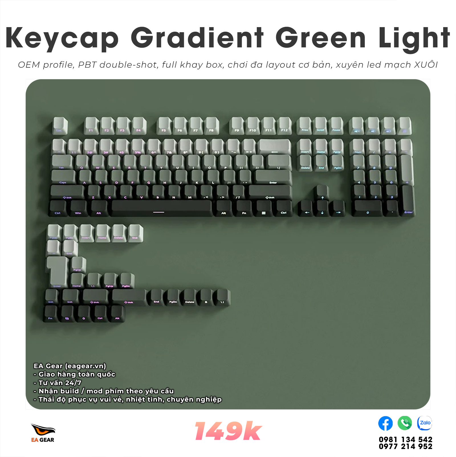 Keycap OEM Gradient Xanh Rêu (OEM profile, pbt double-shot, full khay box chơi đa layout)