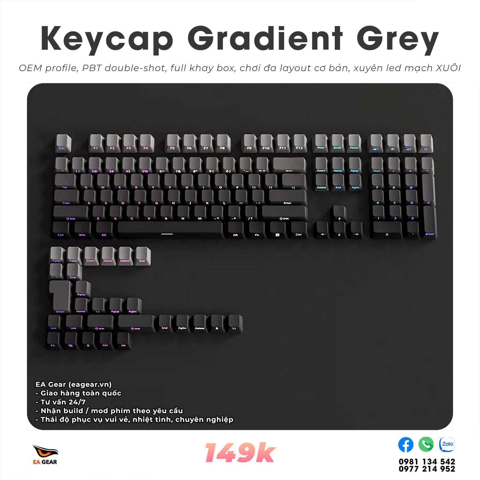 Keycap OEM Gradient Grey (OEM profile, pbt double-shot, full khay box chơi đa layout)
