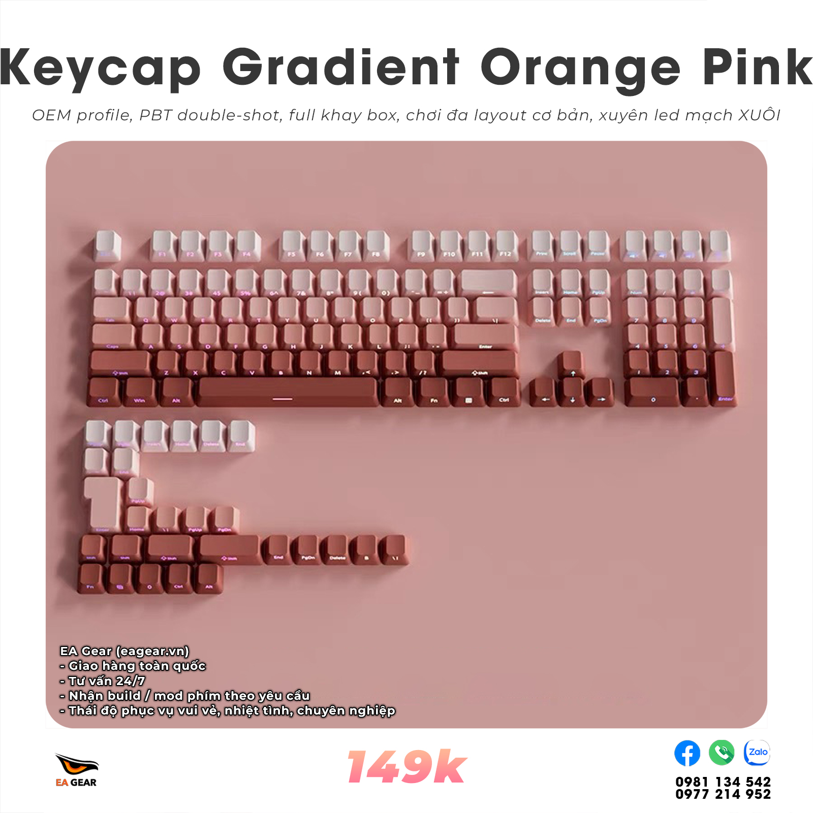 Keycap OEM Gradient Orange Pink (OEM profile, pbt double-shot, full khay box chơi đa layout)
