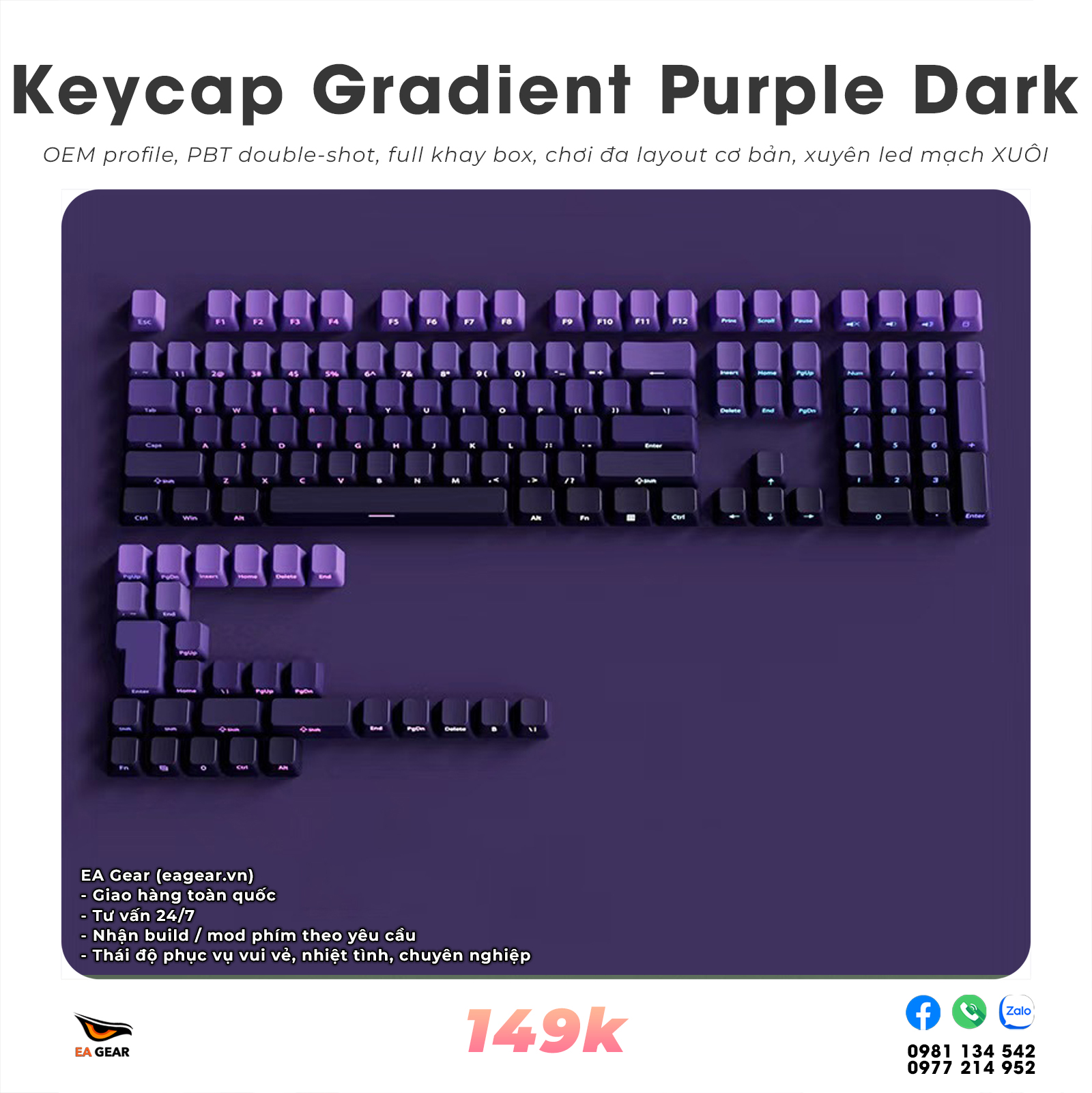 Keycap OEM Gradient Orange Purple Dark (OEM profile, pbt double-shot, full khay box chơi đa layout)