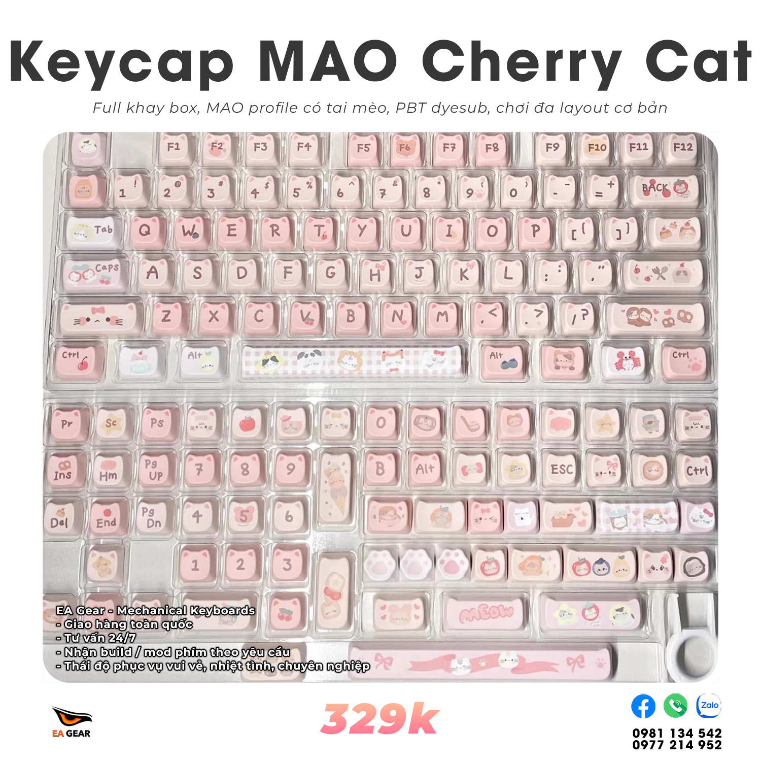 Keycap MAO Cherry Cat (pbt dyesub, MAO profile, full khay box, chơi đa layout)