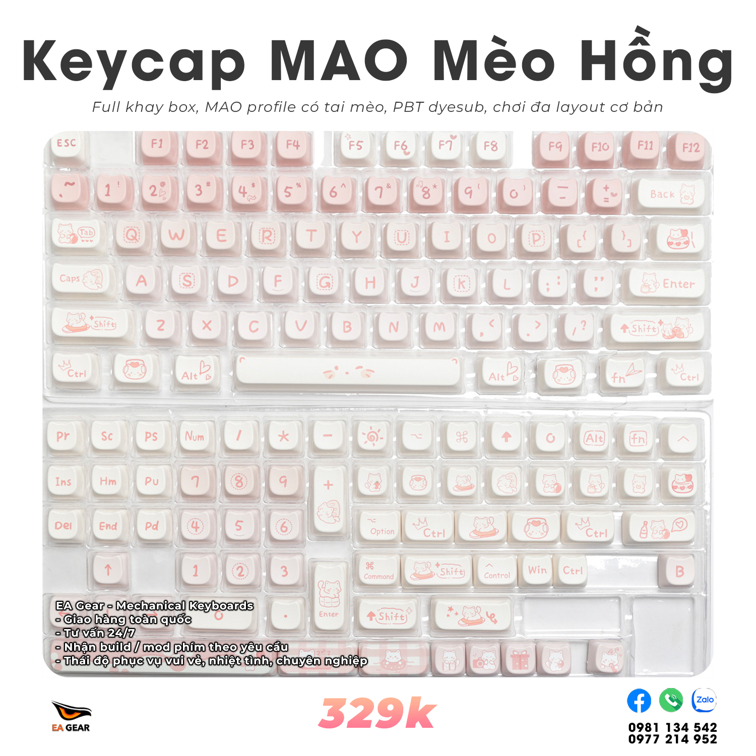 Keycap MAO Mèo Hồng (pbt dyesub, MAO profile, full khay box, chơi đa layout)