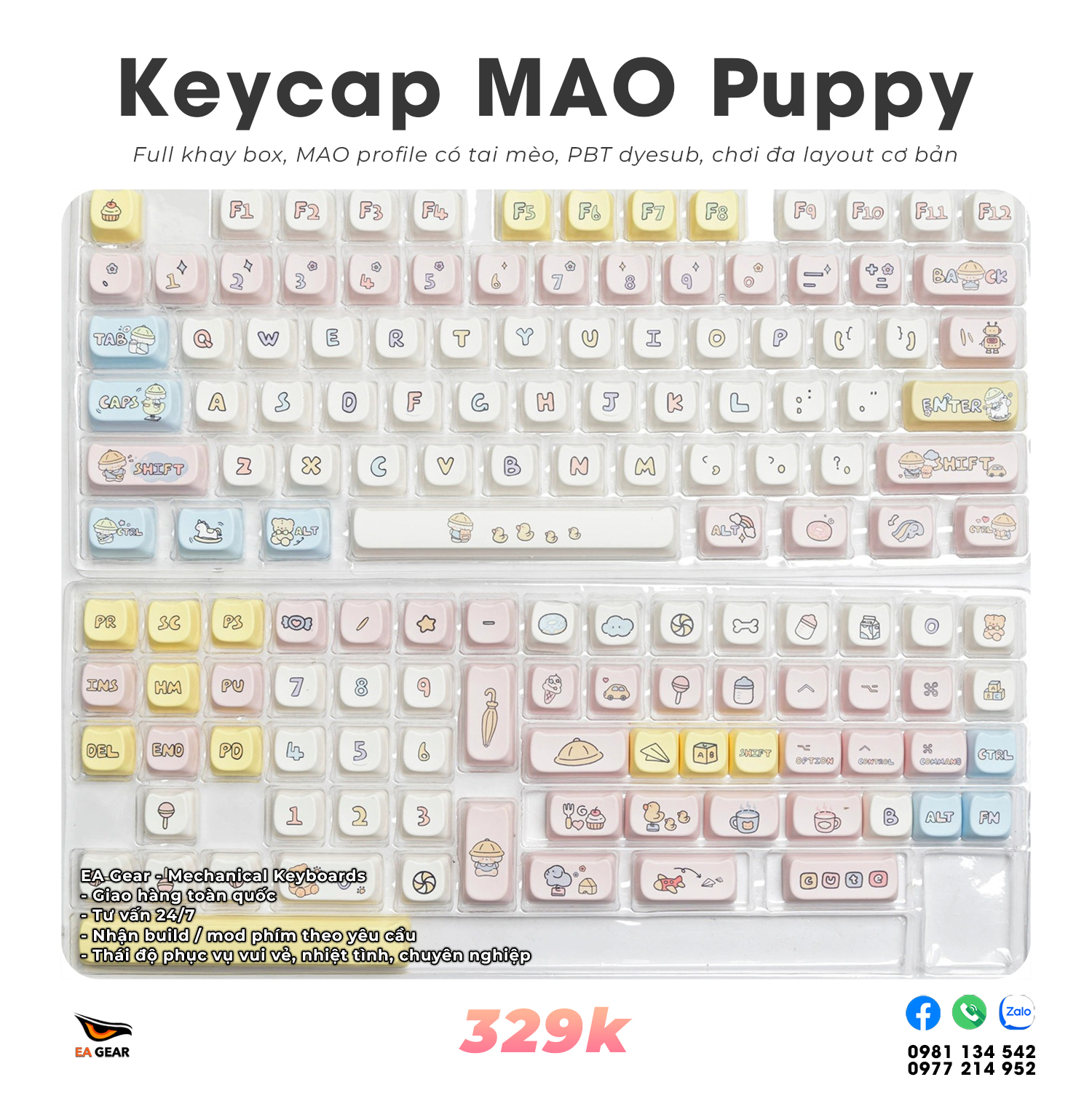 Keycap MAO Puppy (pbt dyesub, MAO profile, full khay box, chơi đa layout)