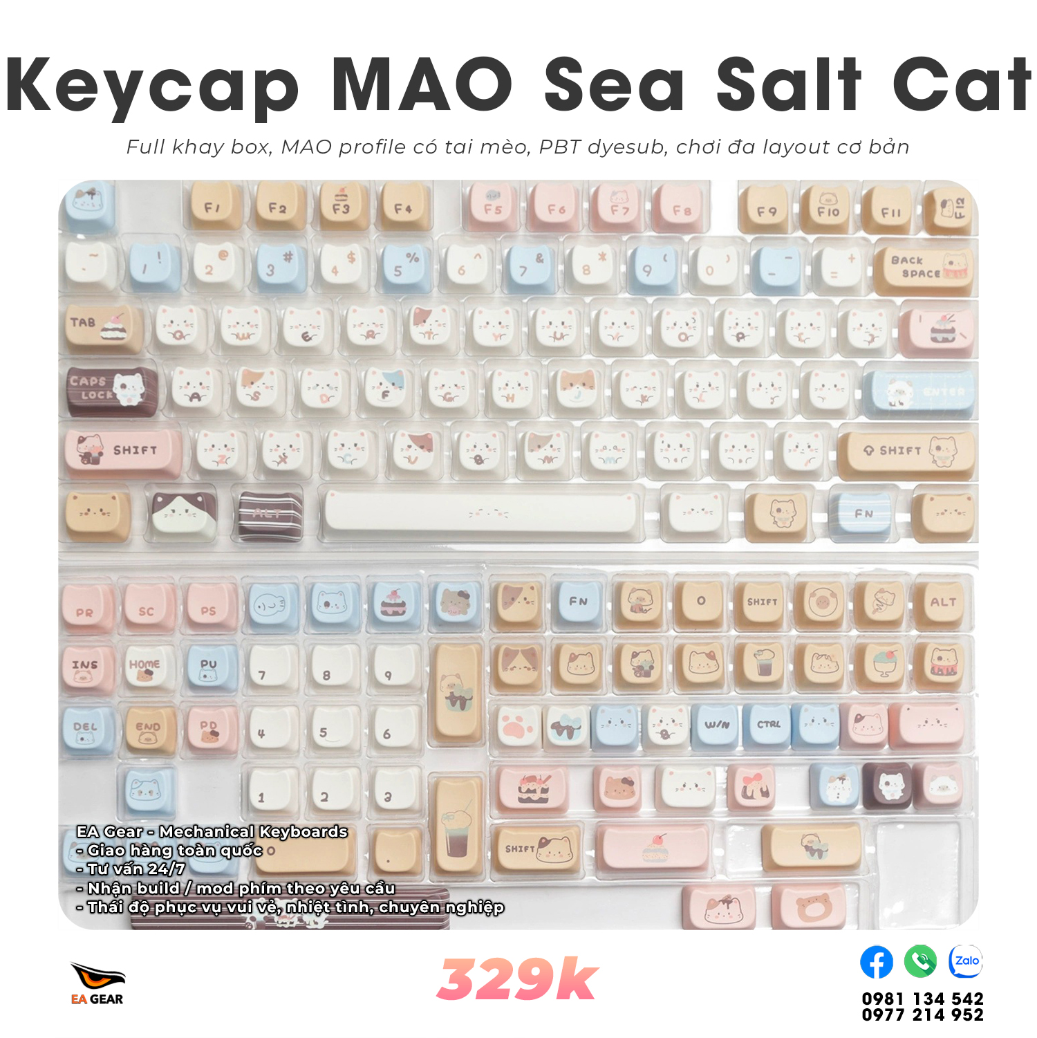 Keycap MAO Sea Salt Cat (pbt dyesub, MAO profile, full khay box, chơi đa layout)