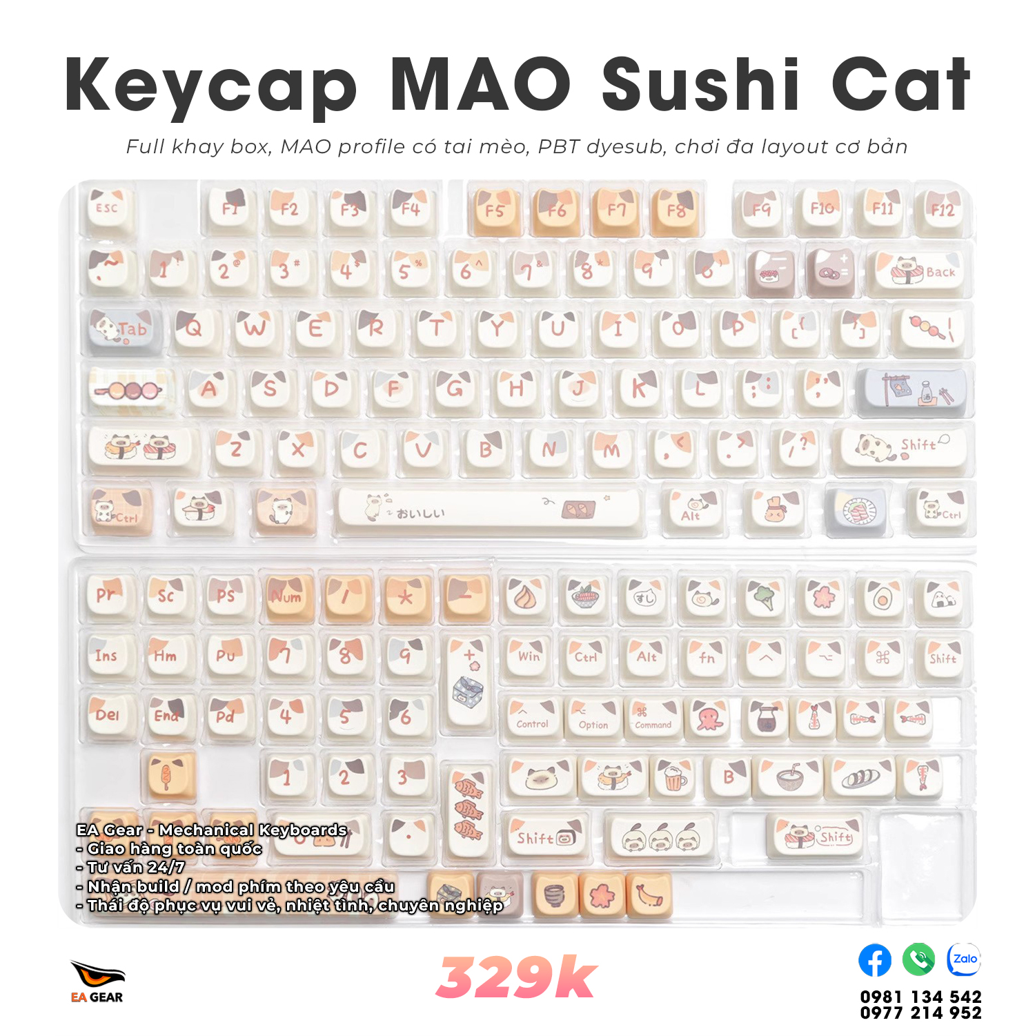 Keycap MAO Sushi (pbt dyesub, MAO profile, full khay box, chơi đa layout)