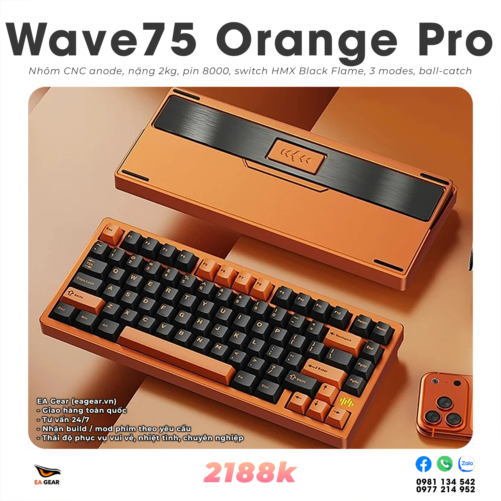 Bàn Phím Cơ PMO Wave75 Pro Nebula (Flame Orange) RGB (3 modes, ball catch, nhôm CNC, Via, tạ thép)