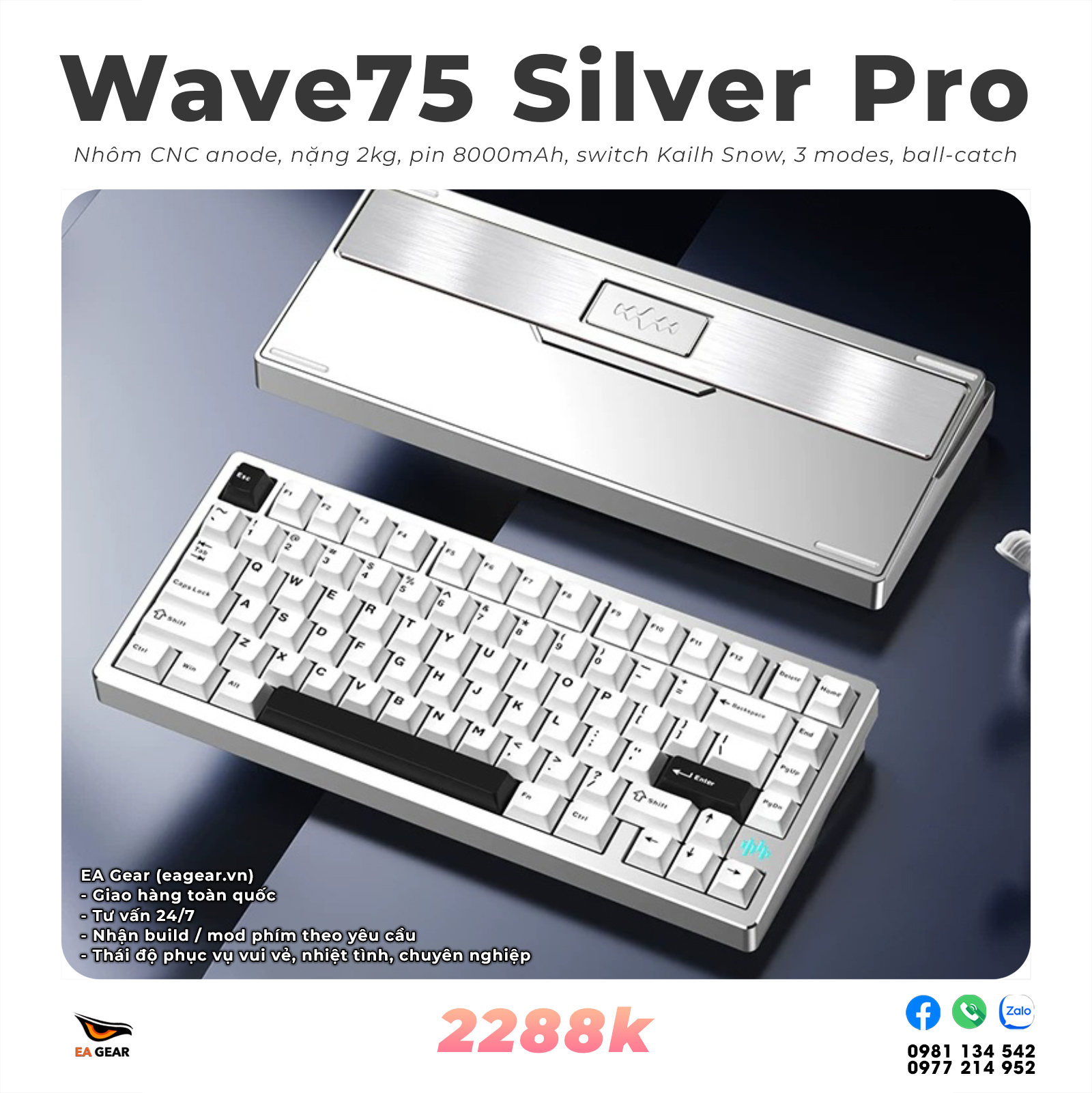 Bàn Phím Cơ PMO Wave75 Pro Silver RGB (3 modes, ball catch, nhôm CNC, Via, tạ thép)