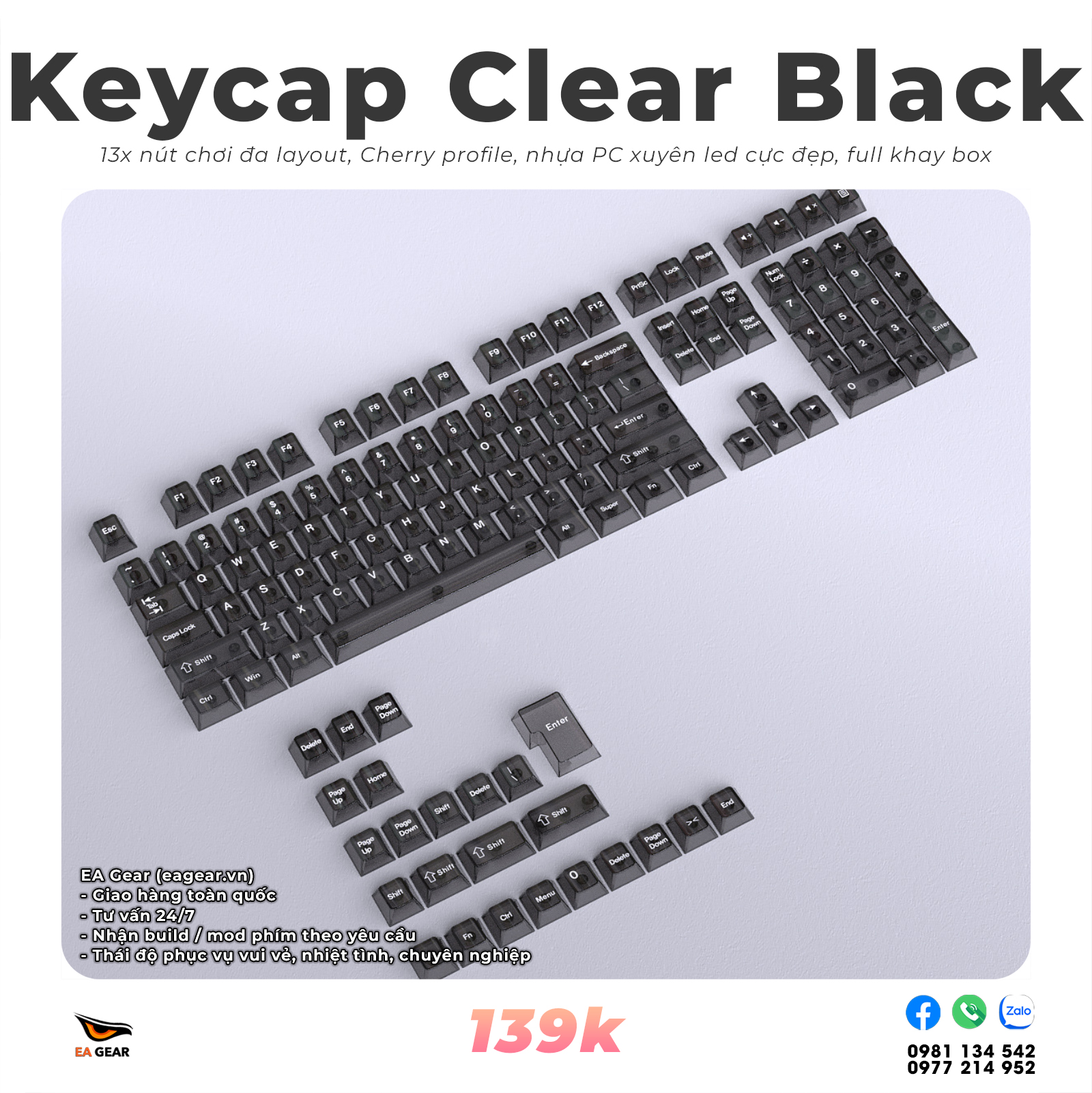 Keycap Clear Trong Suốt, Xuyên Led Cực Đẹp, Nhựa PC, Cherry Profile - Màu Đen