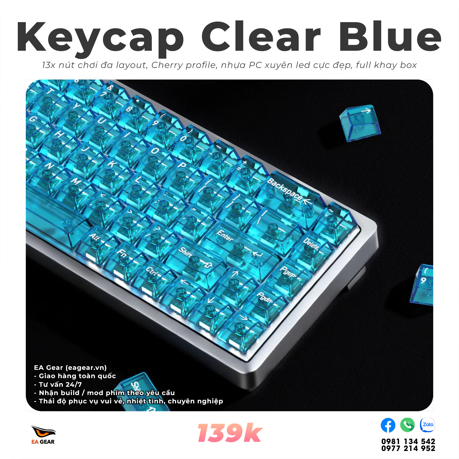 Keycap Clear Trong Suốt, Xuyên Led Cực Đẹp, Nhựa PC, Cherry Profile - Màu Blue