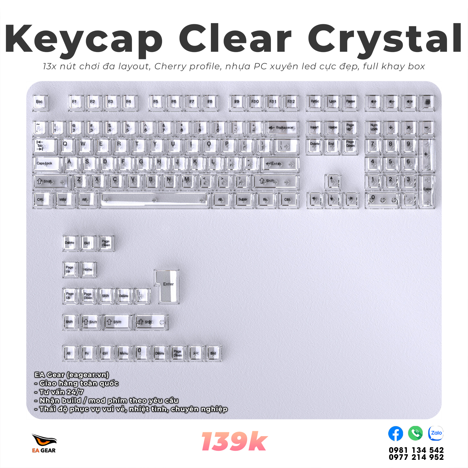 Keycap Clear Trong Suốt, Xuyên Led Cực Đẹp, Nhựa PC, Cherry Profile - Màu White Crystal