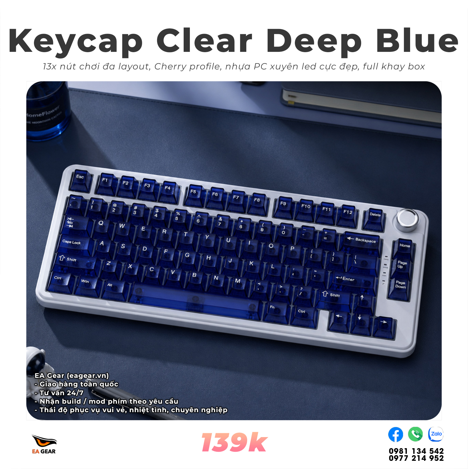 Keycap Clear Trong Suốt, Xuyên Led Cực Đẹp, Nhựa PC, Cherry Profile - Màu Deep Blue