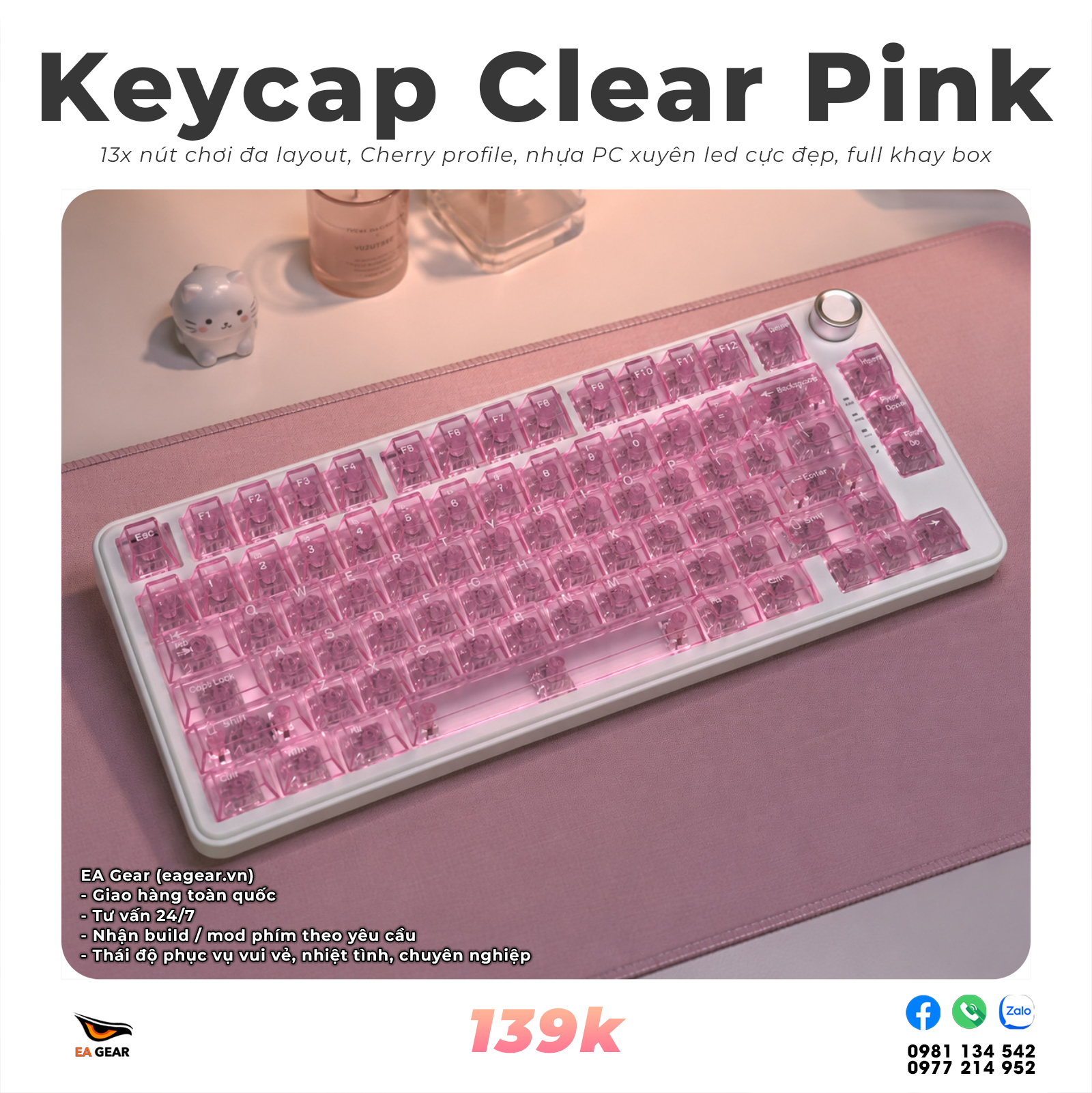 Keycap Clear Trong Suốt, Xuyên Led Cực Đẹp, Nhựa PC, Cherry Profile - Màu Pink