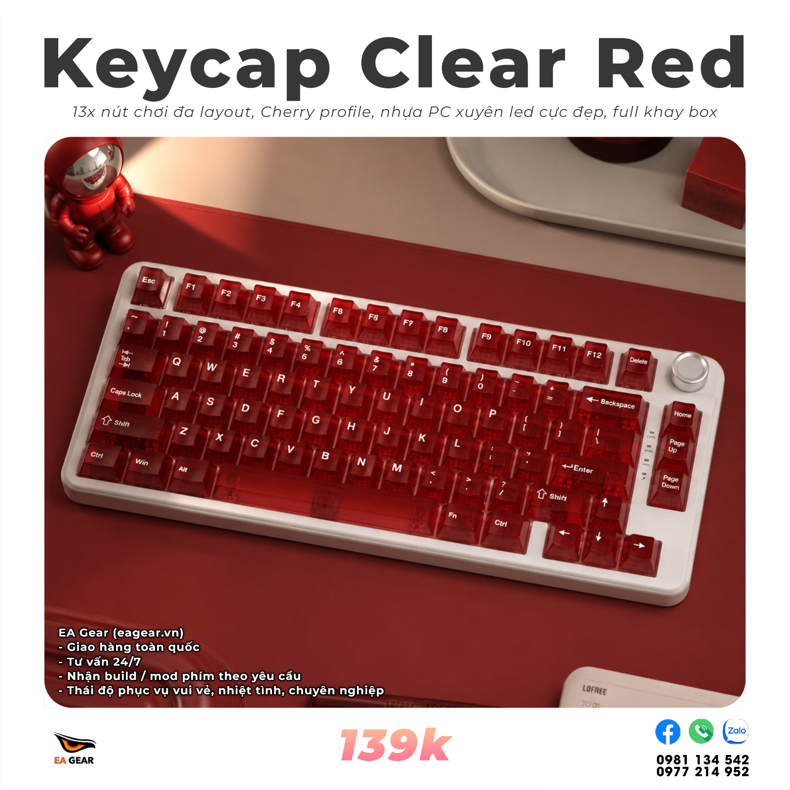 Keycap Clear Trong Suốt, Xuyên Led Cực Đẹp, Nhựa PC, Cherry Profile - Màu Red